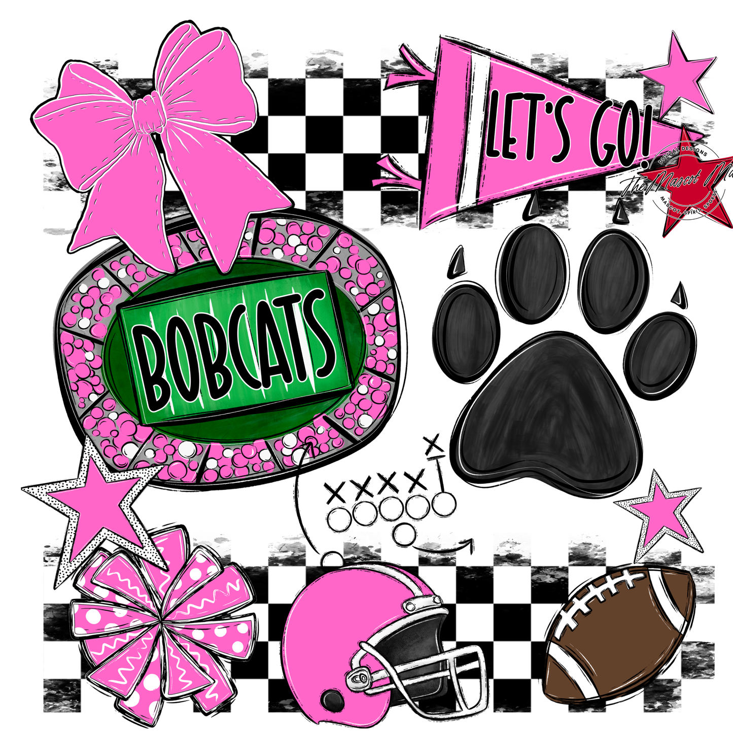 Bobcats Checkers Mascot Spirit Design w Paw-Baby Pink