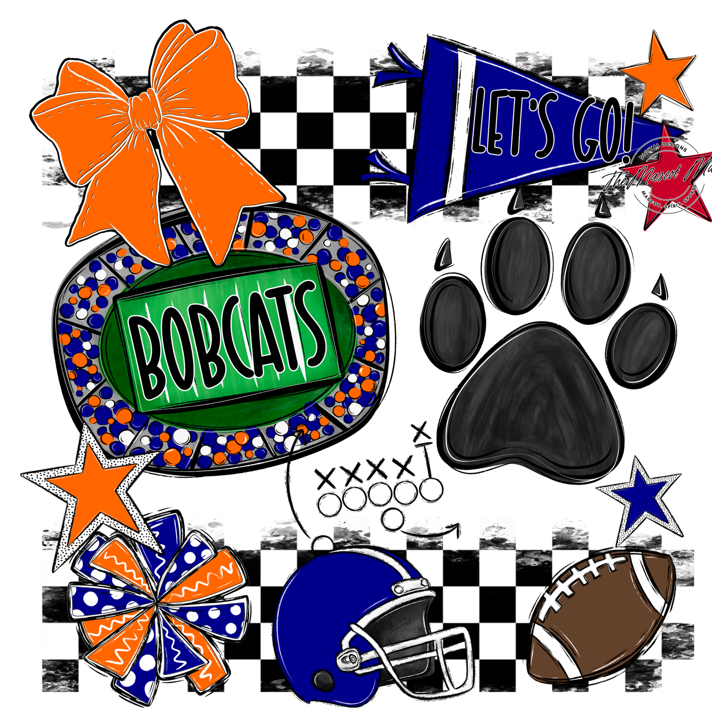 Bobcats Checkers Mascot Spirit Design w Paw-Blue-Orange