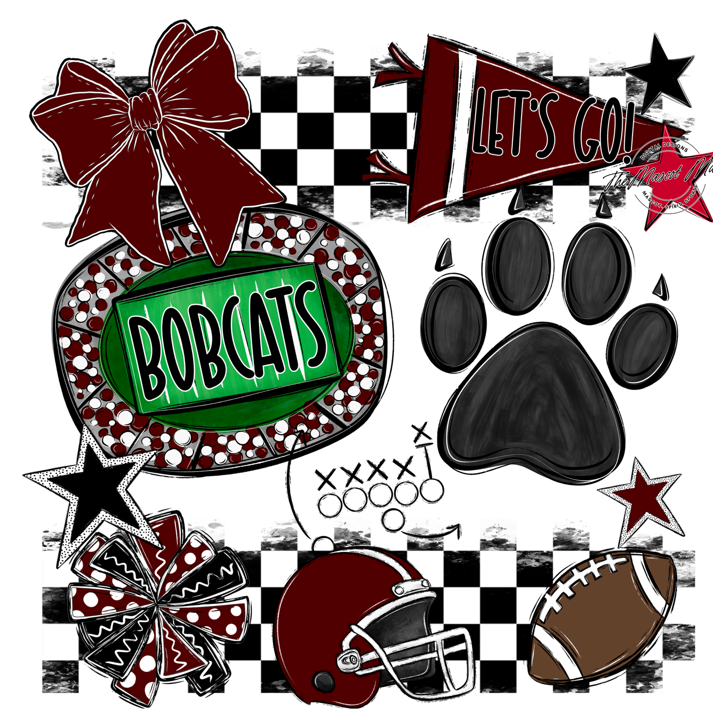 Bobcats Checkers Mascot Spirit Design w Paw-Maroon