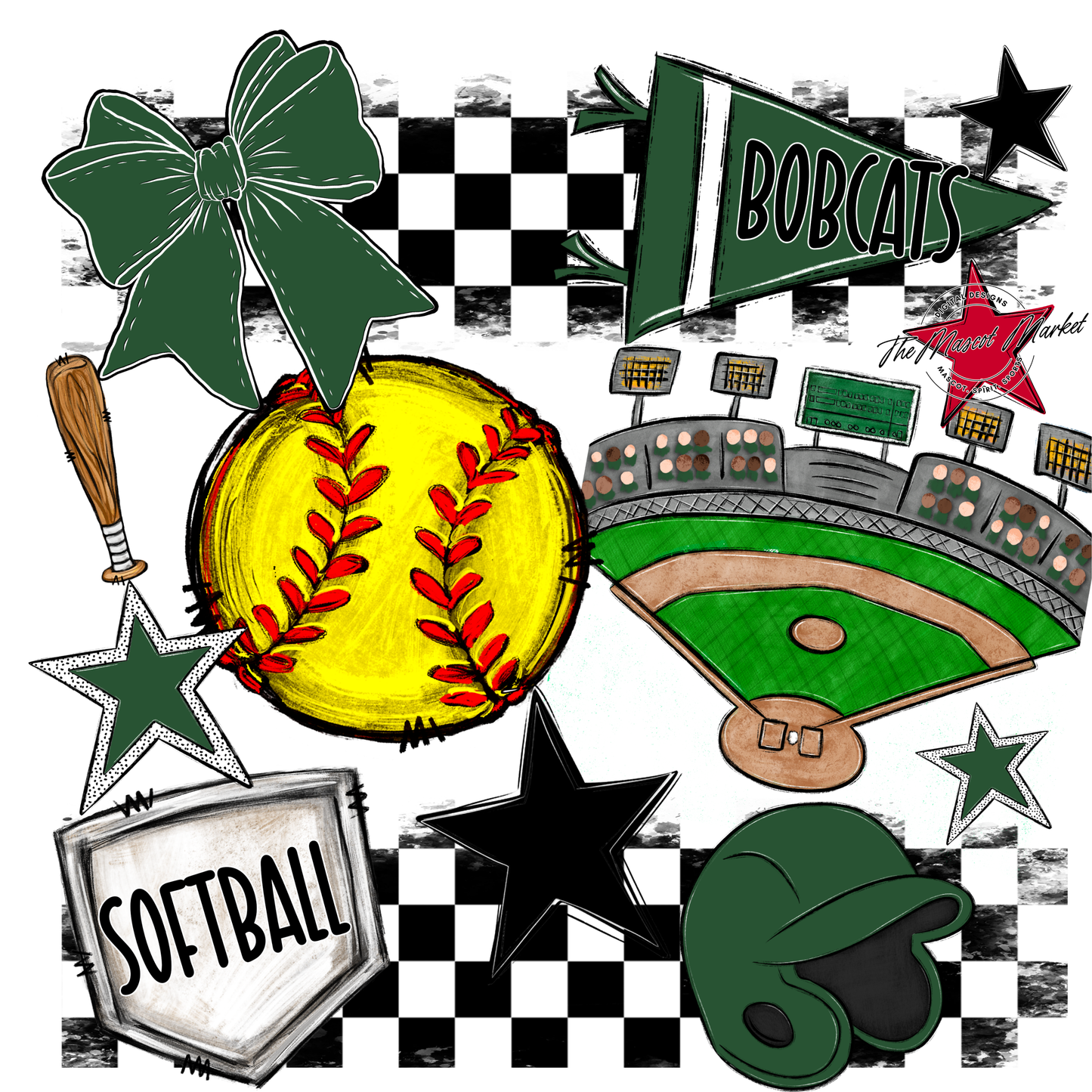 Bobcats Checkers Softball Spirit Design-Green