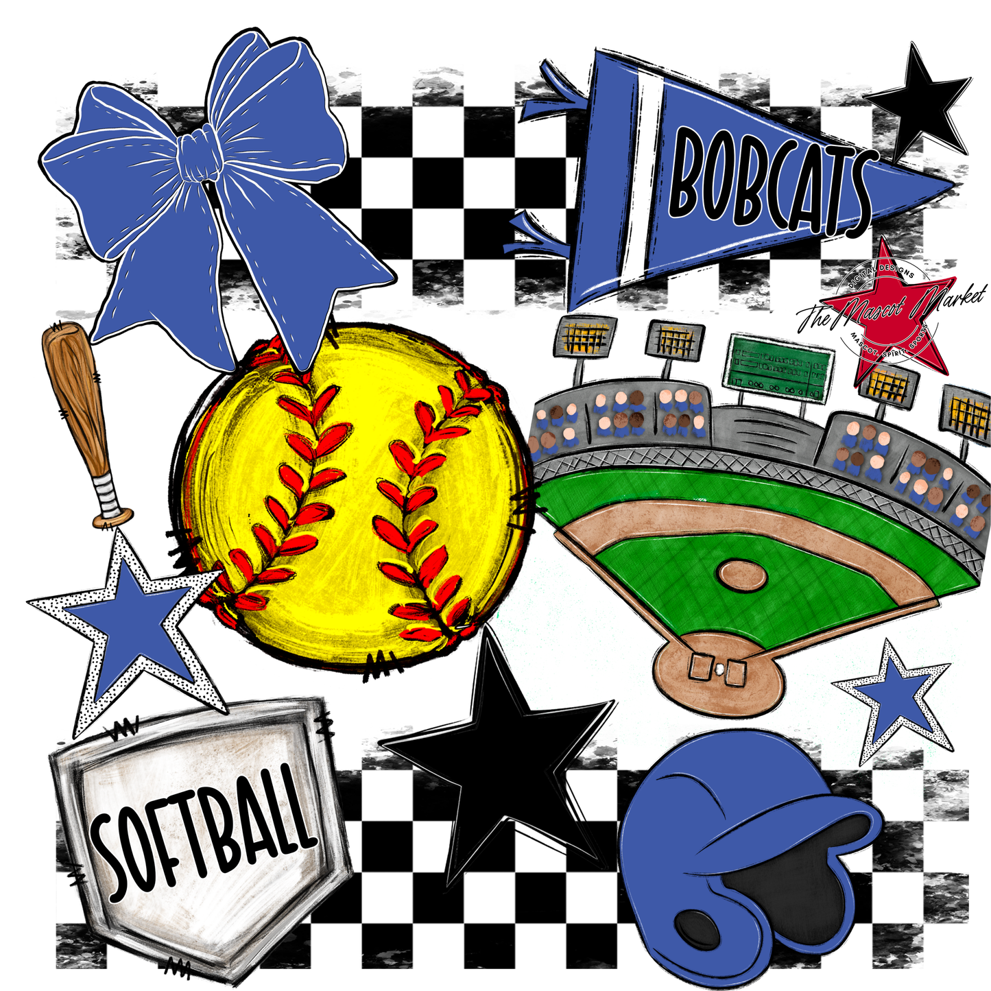 Bobcats Checkers Softball Spirit Design-Off Blue