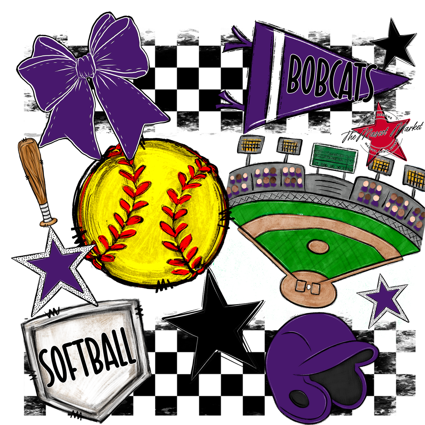 Bobcats Checkers Softball Spirit Design-Purple