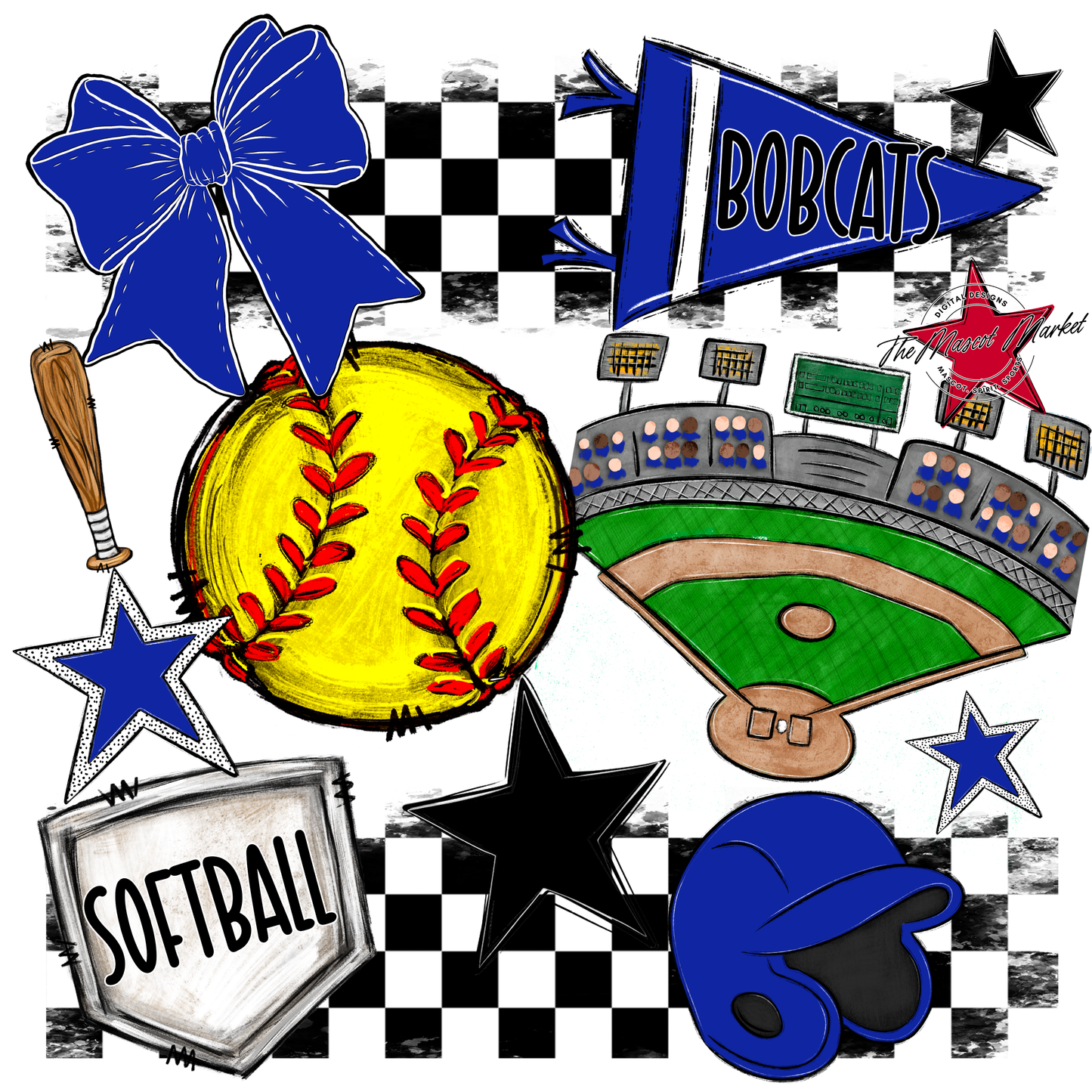Bobcats Checkers Softball Spirit Design-Royal Blue