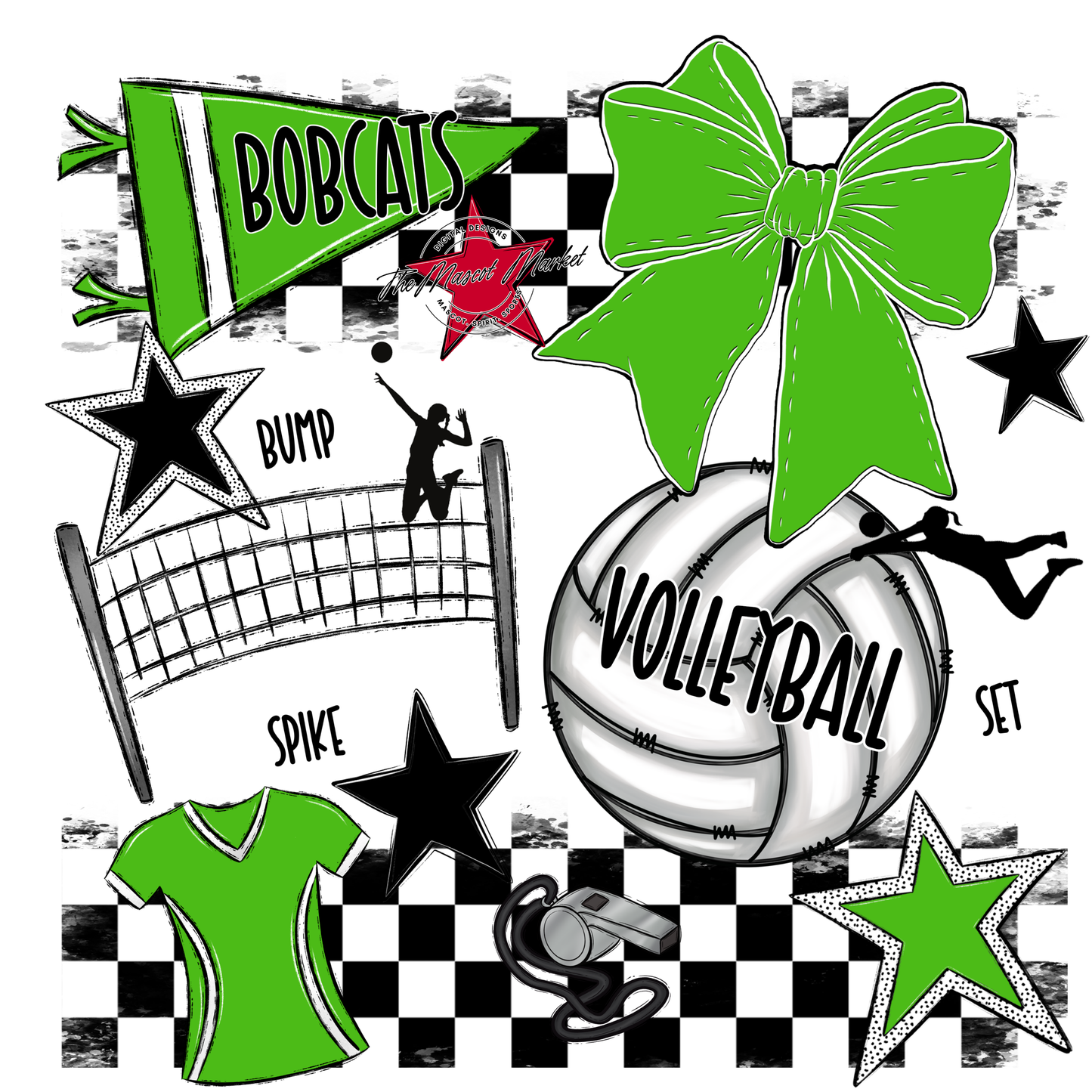 Bobcats Checkers Volleyball Spirit Design-Bright Green