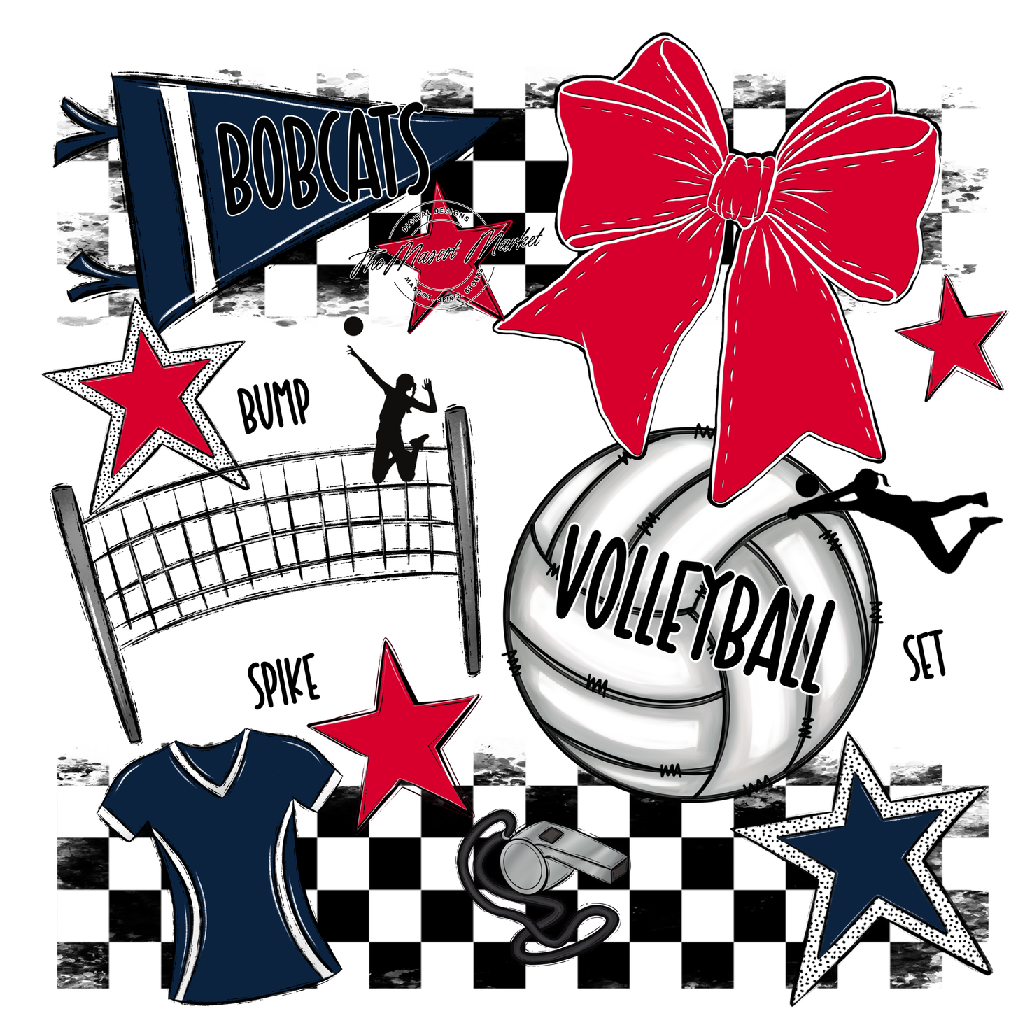 Bobcats Checkers Volleyball Spirit Design-Navy-Red