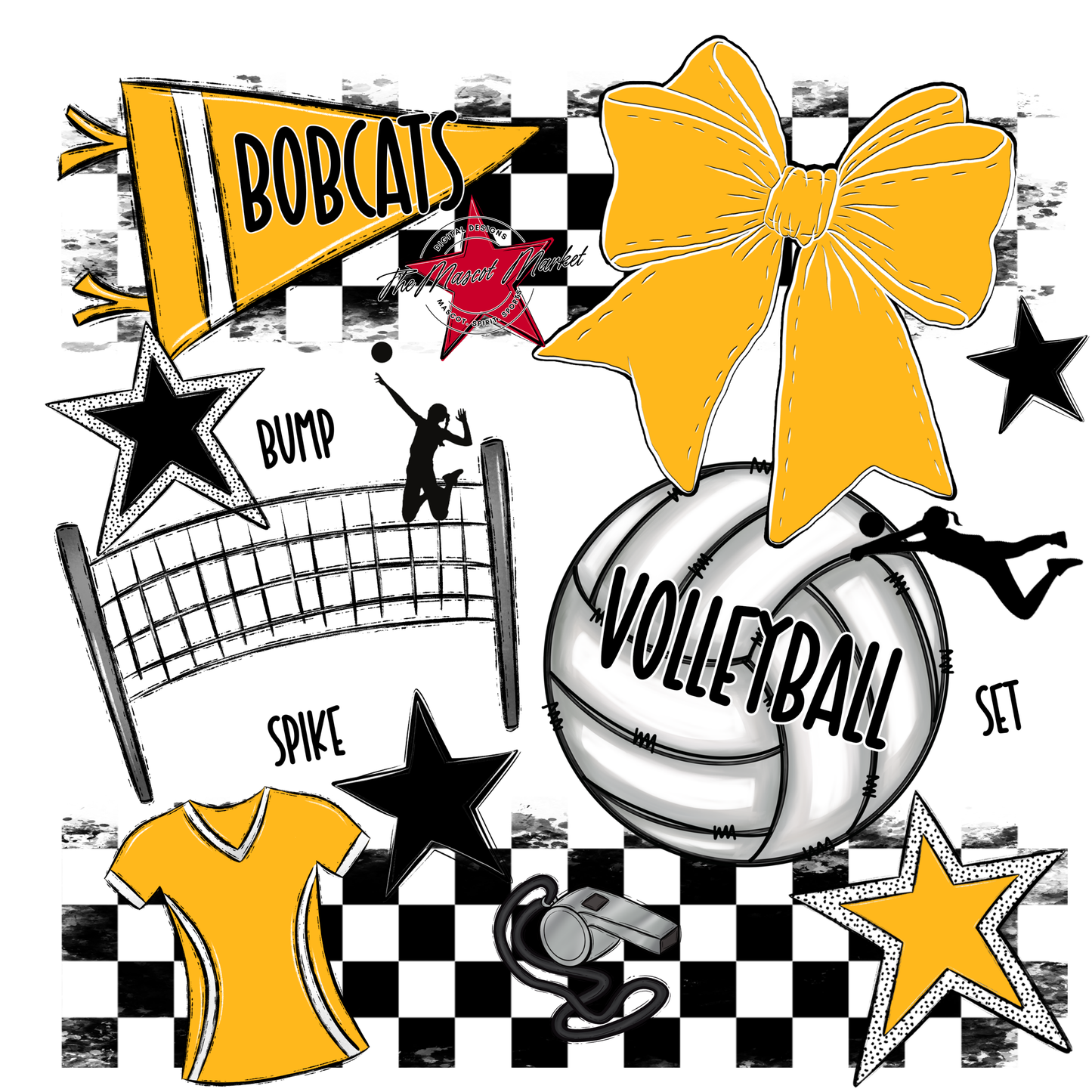 Bobcats Checkers Volleyball Spirit Design-Yellow