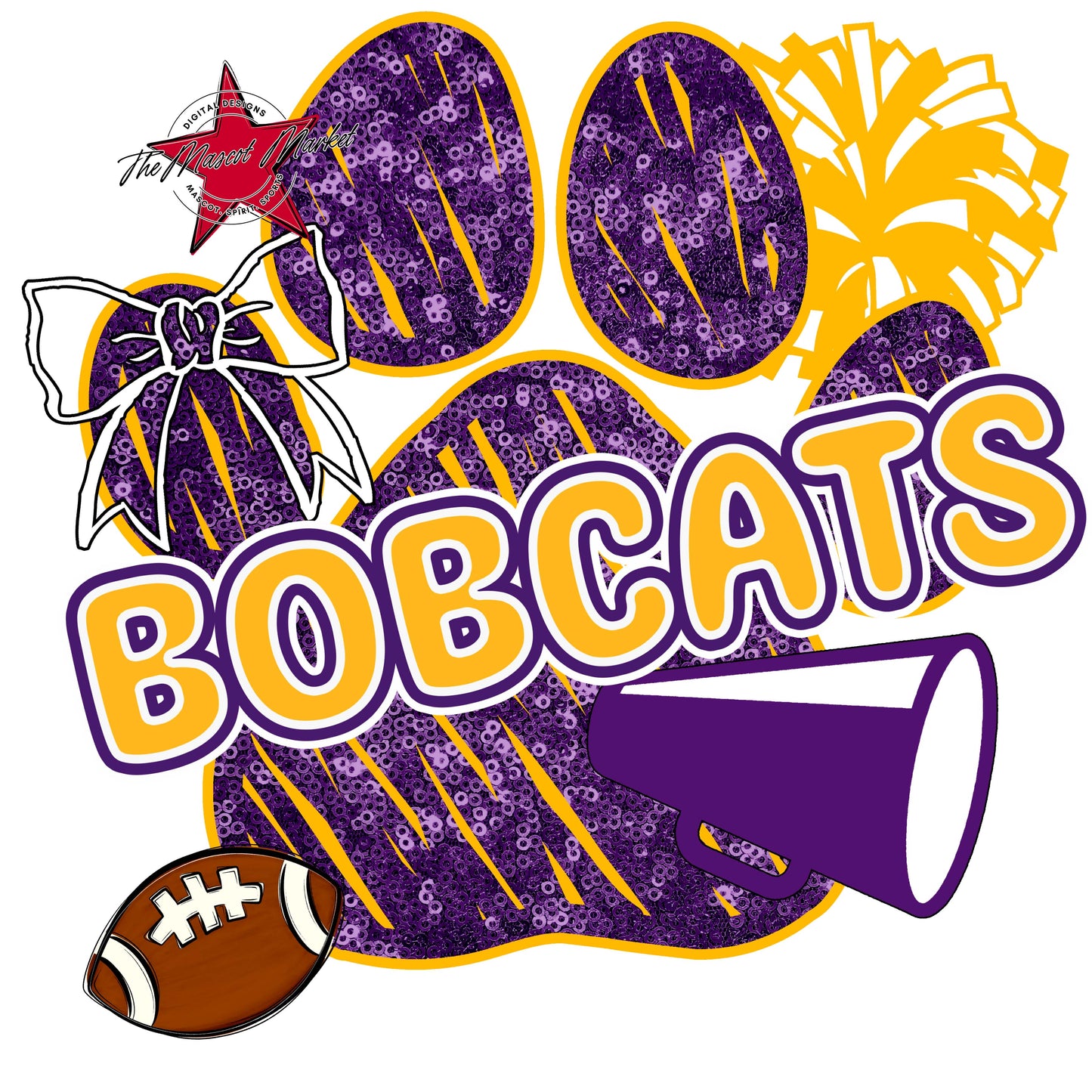 Bobcats Sequins Paw Print Design-Purple & Yellow
