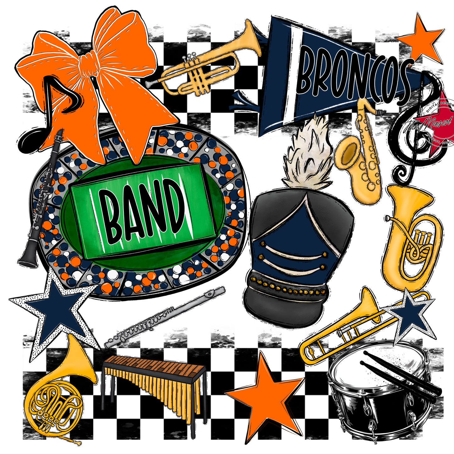Broncos Checkers Band Spirit Design-Navy-Orange