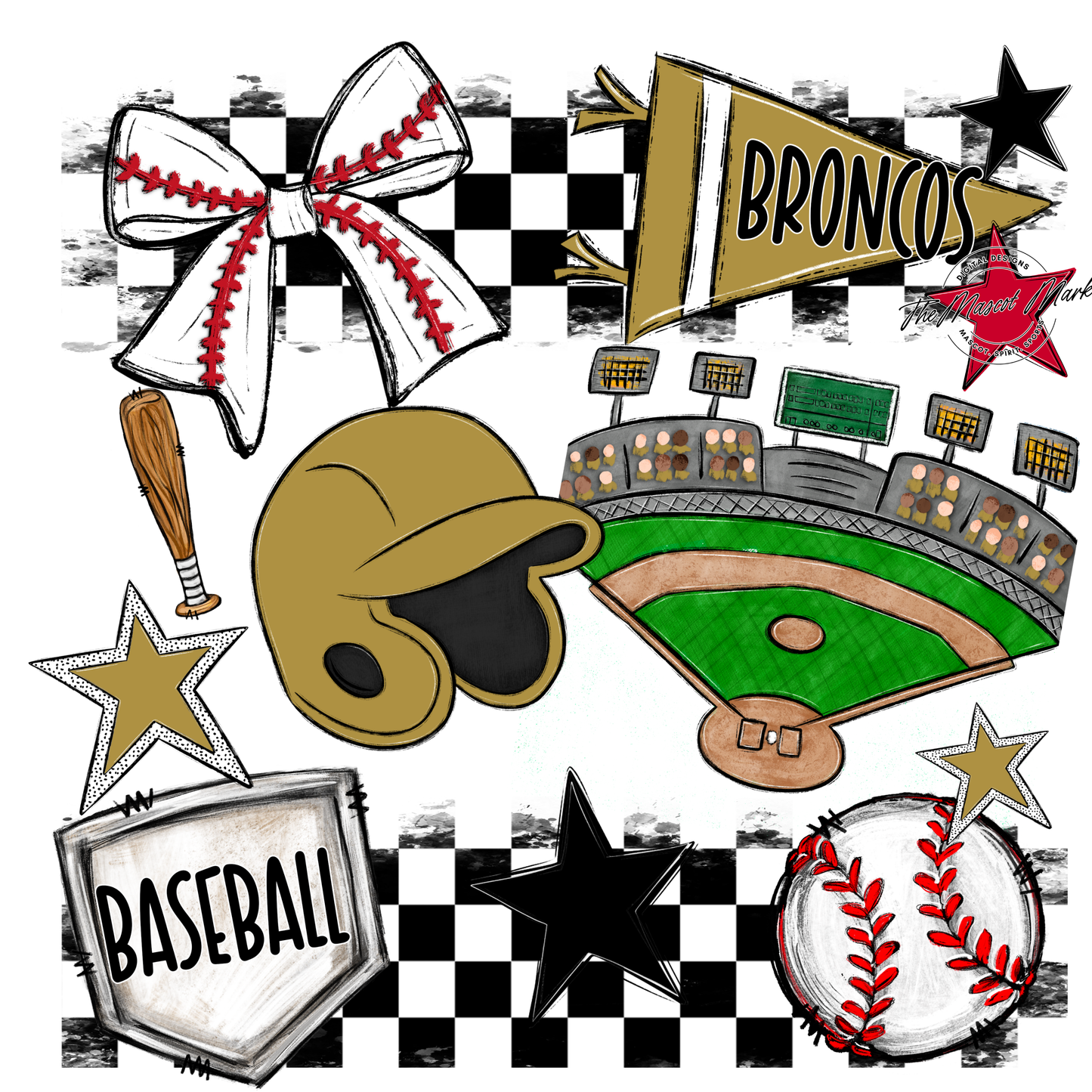 Broncos Checkers Baseball Spirit Design-Gold