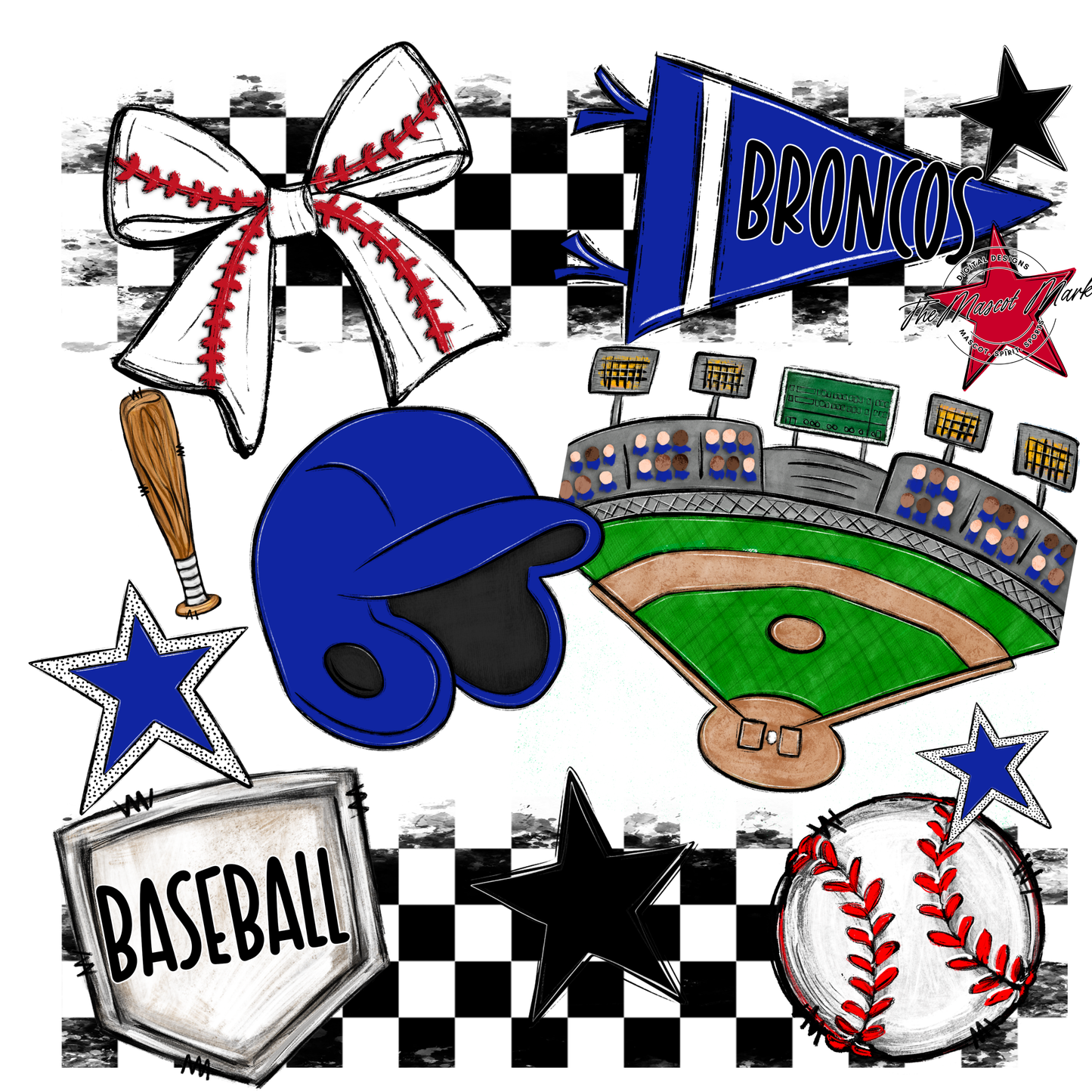 Broncos Checkers Baseball Spirit Design-Royal Blue