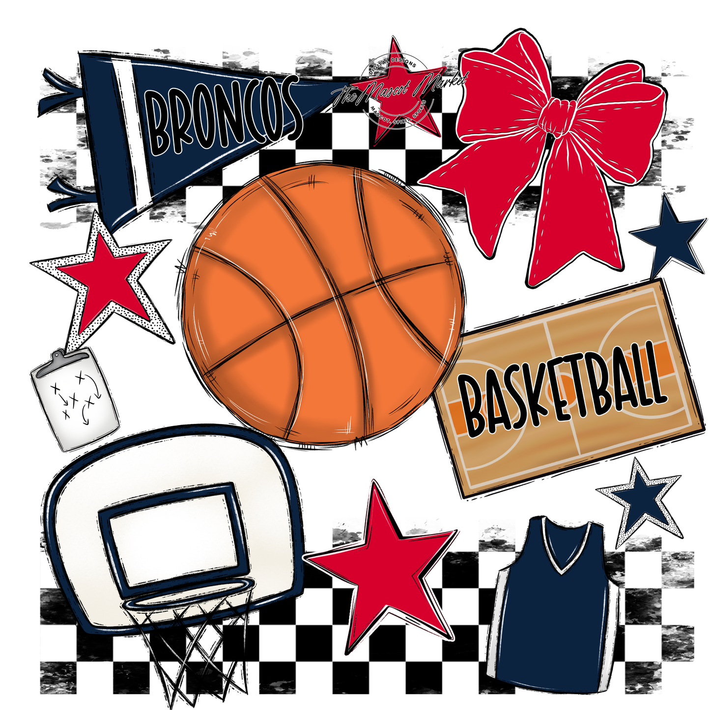 Broncos Checkers Basketball Spirit Design-Navy-Red