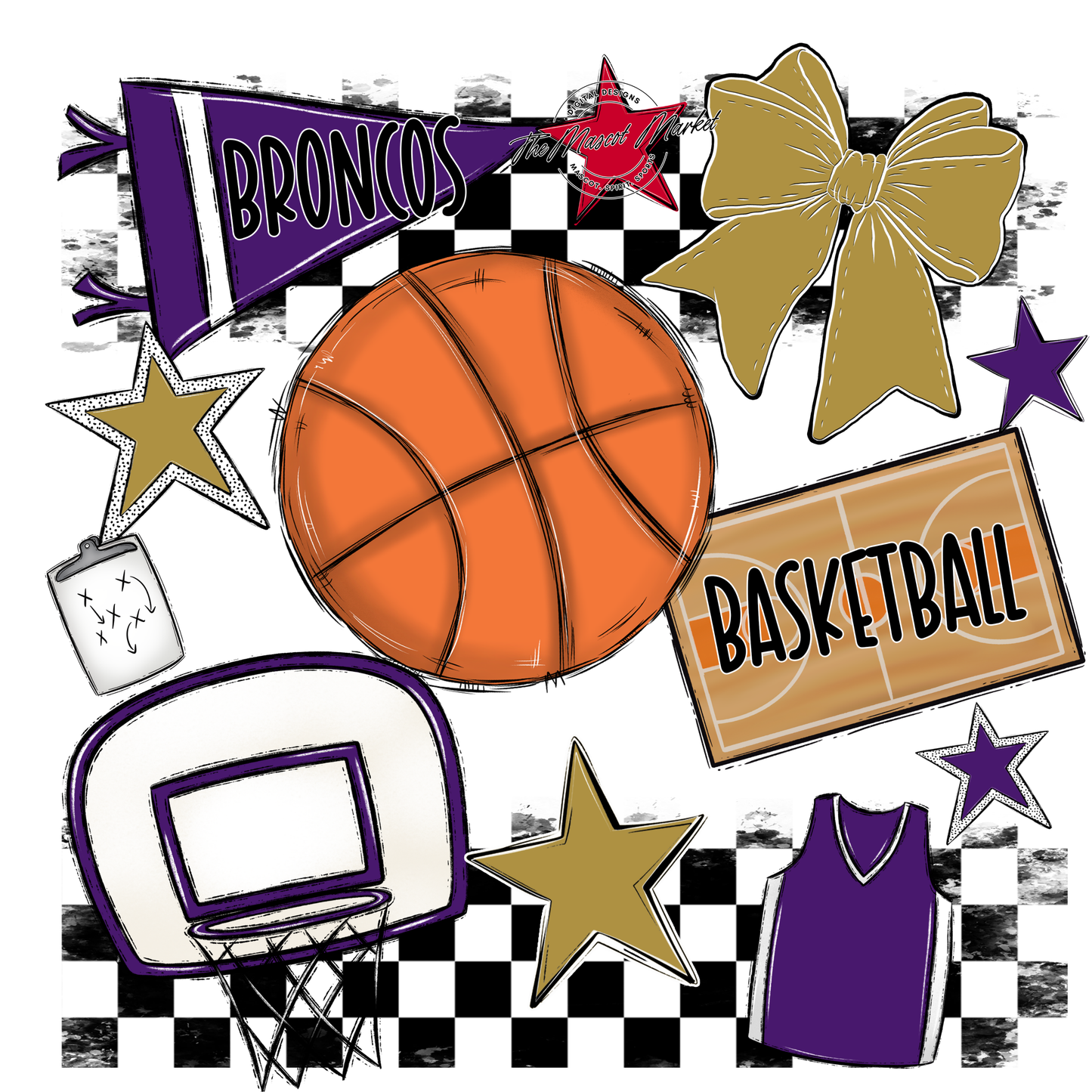 Broncos Checkers Basketball Spirit Design-Purple-Gold
