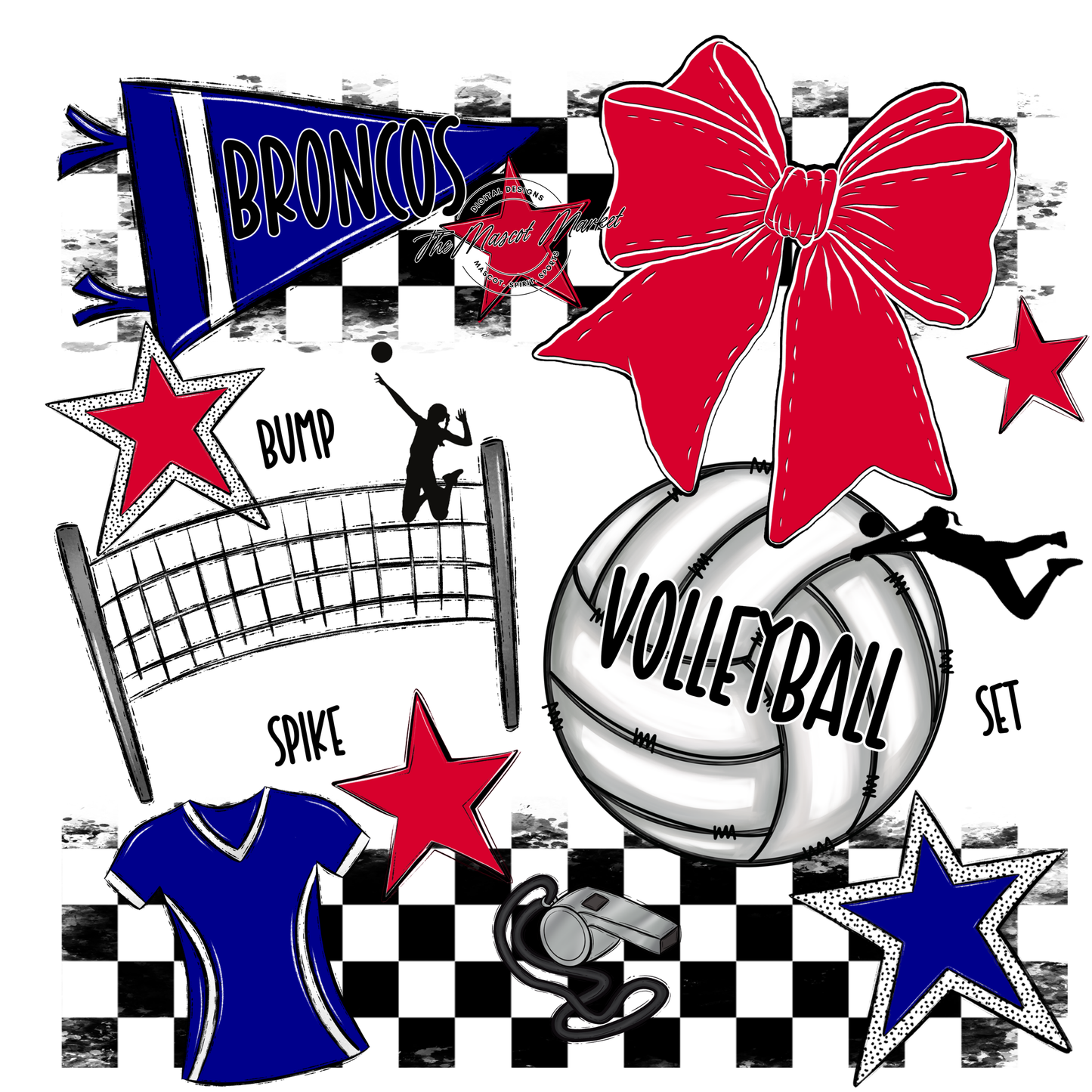 Broncos Checkers Volleyball Spirit Design-Blue-Red