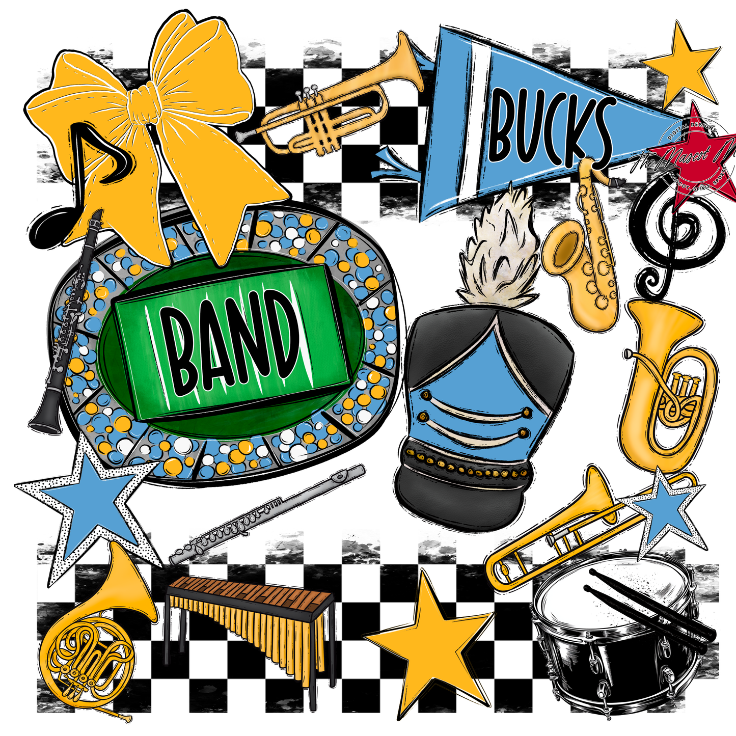 Bucks Checkers Band Spirit Design-Carolina Blue-Yellow