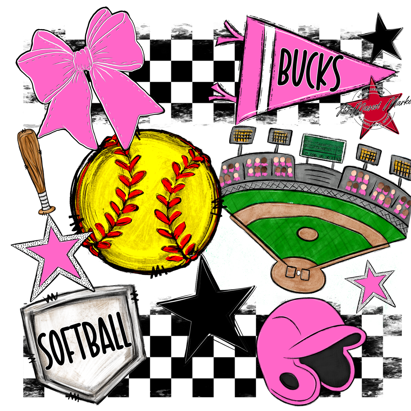 Bucks Checkers Softball Spirit Design-Baby Pink