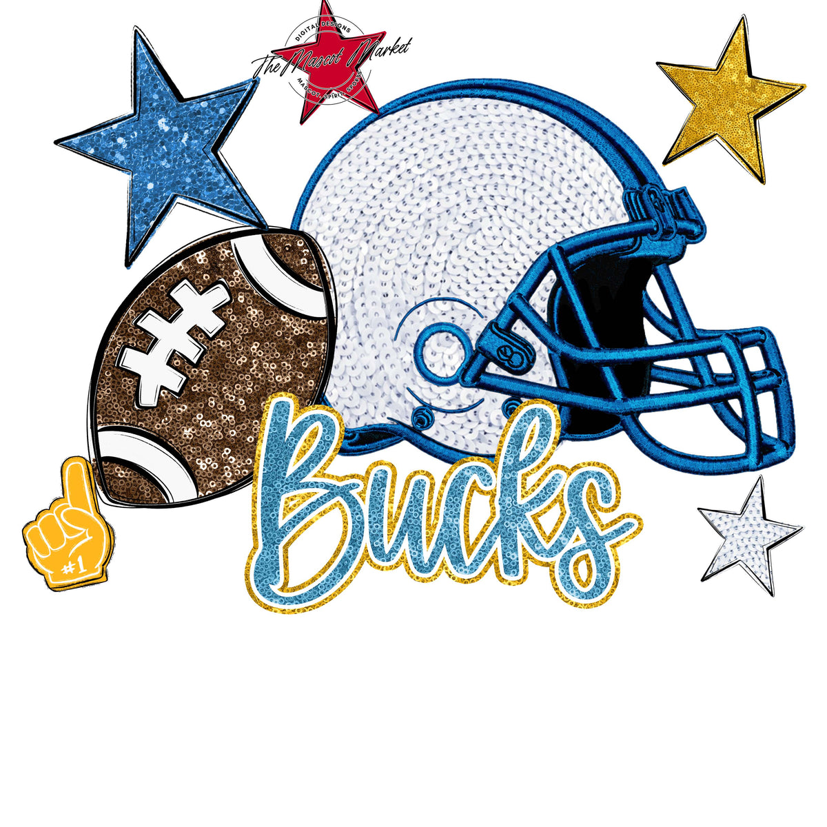 Bucks Football Embroidered Sequins Design-Carolina Blue & Yellow