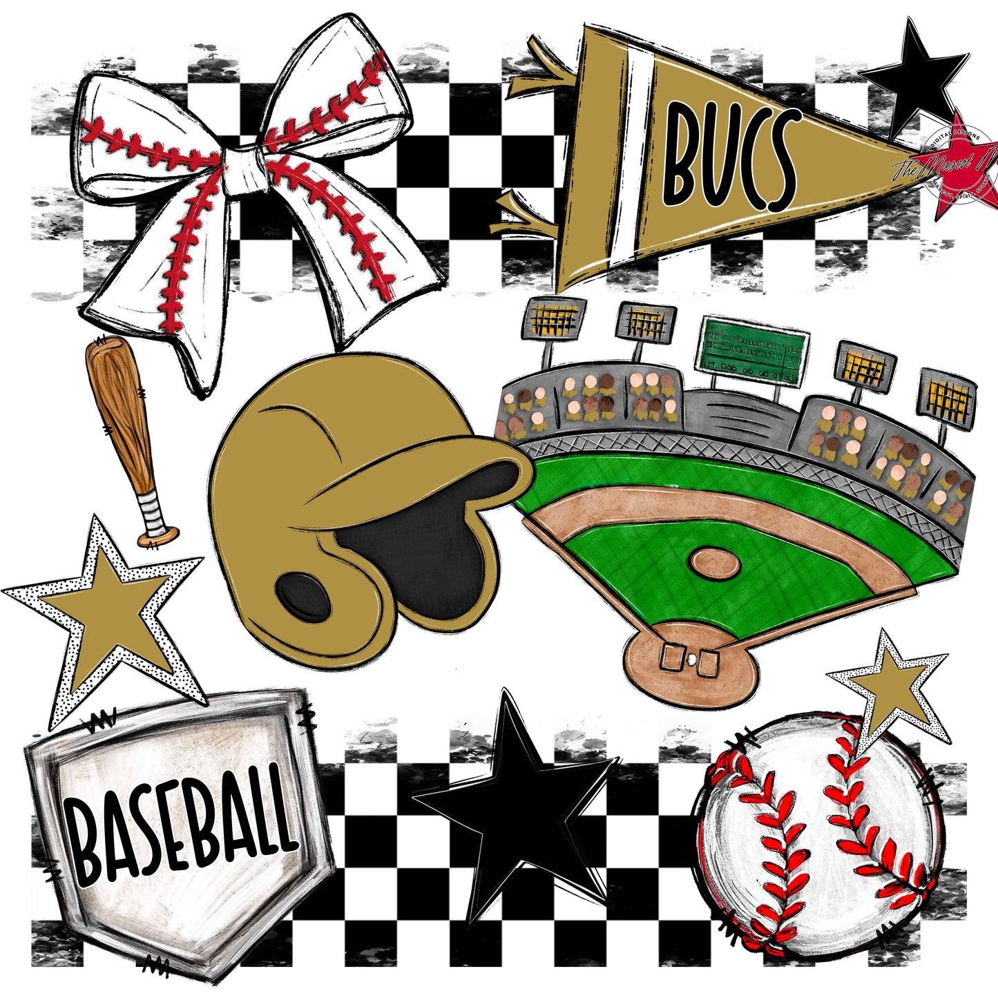 Bucs Baseball Checkers Design-Gold