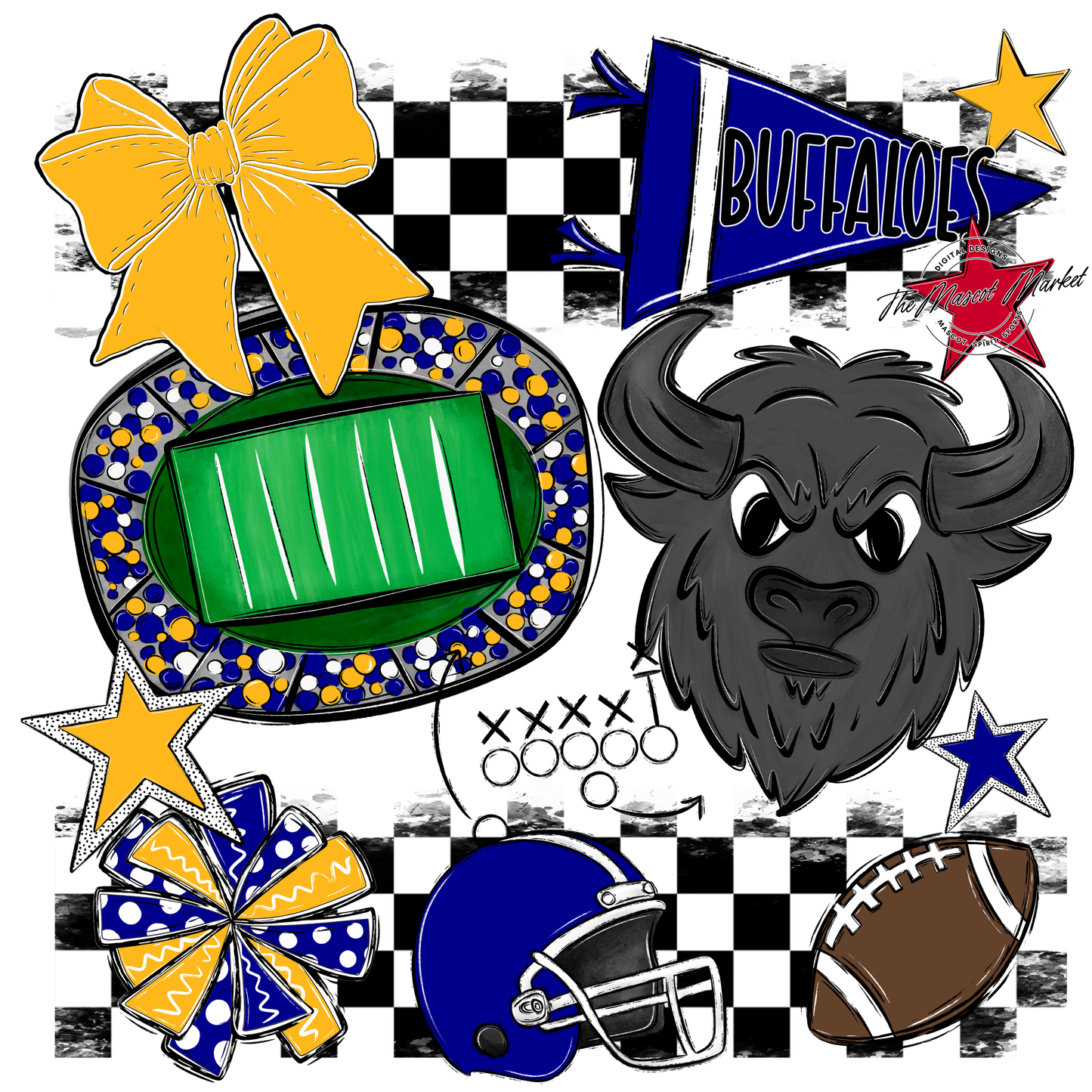 Buffaloes Checkers Mascot Spirit Design-Blue-Yellow