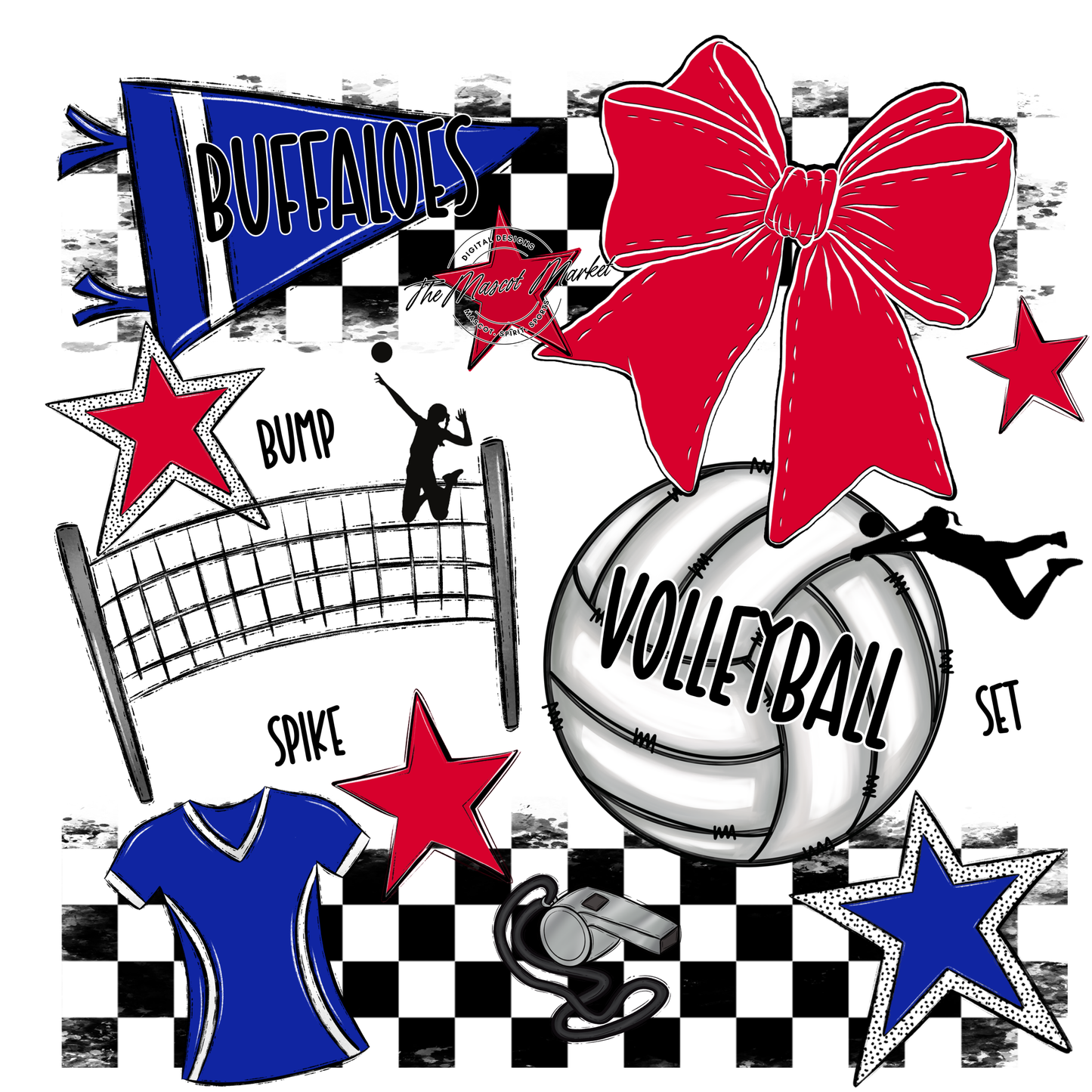 Buffaloes Checkers Volleyball Spirit Design-Royal Blue-Red