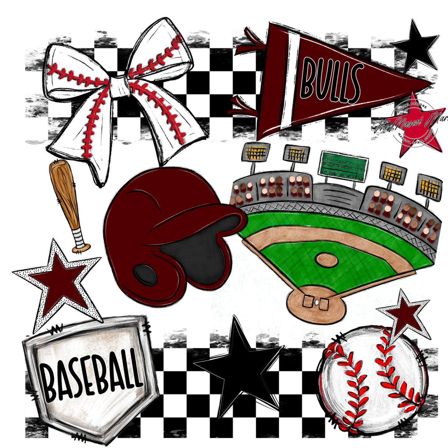 Bulls Checkers Baseball Spirit Design-Maroon
