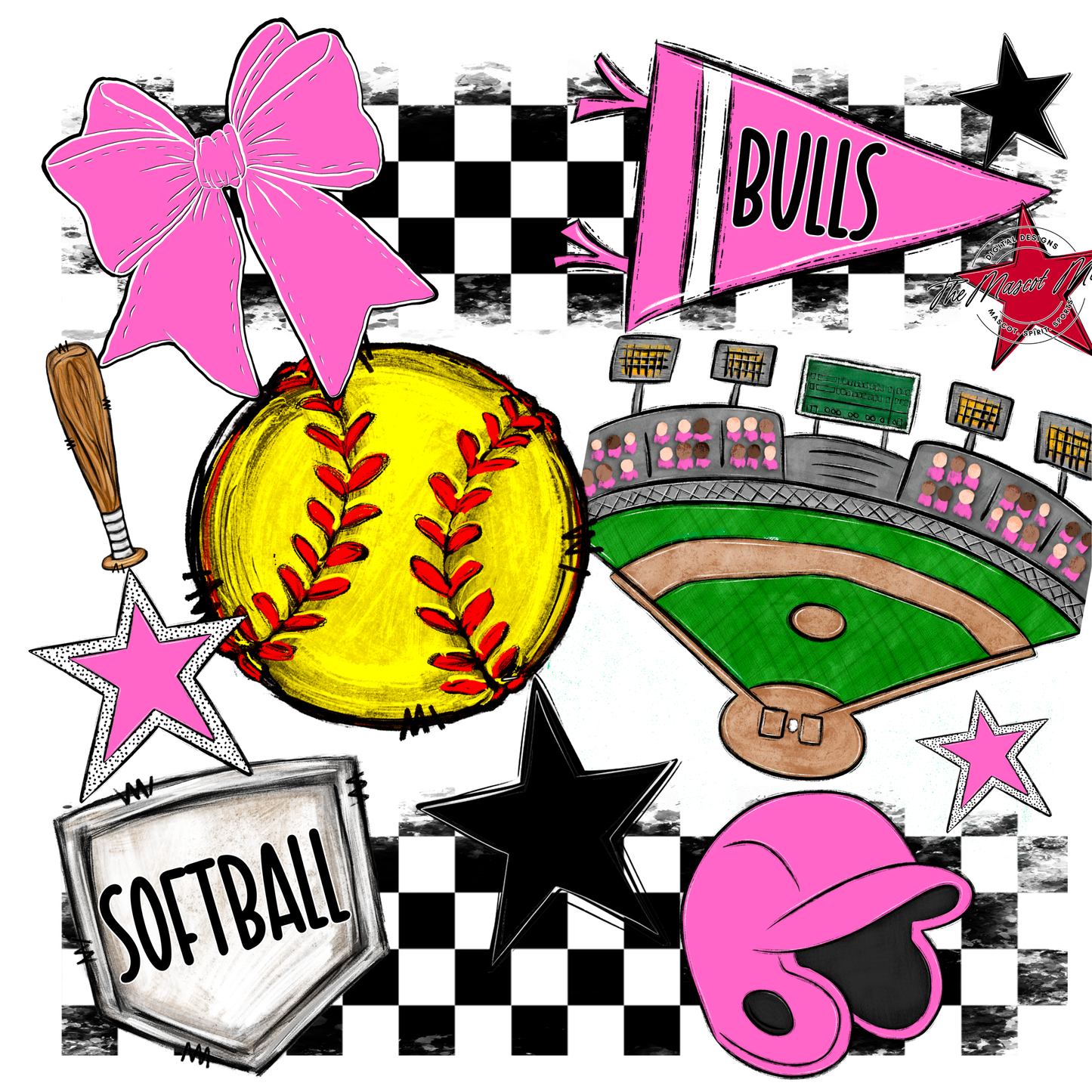 Bulls Checkers Softball Spirit Design-Baby Pink