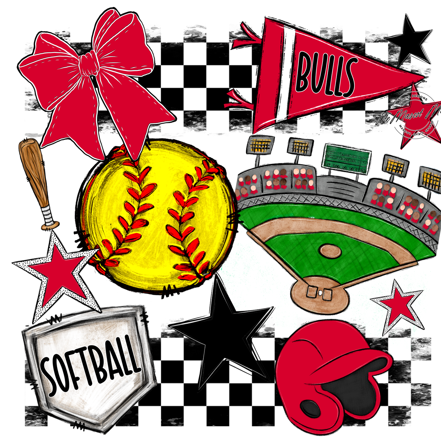 Bulls Checkers Softball Spirit Design-Red