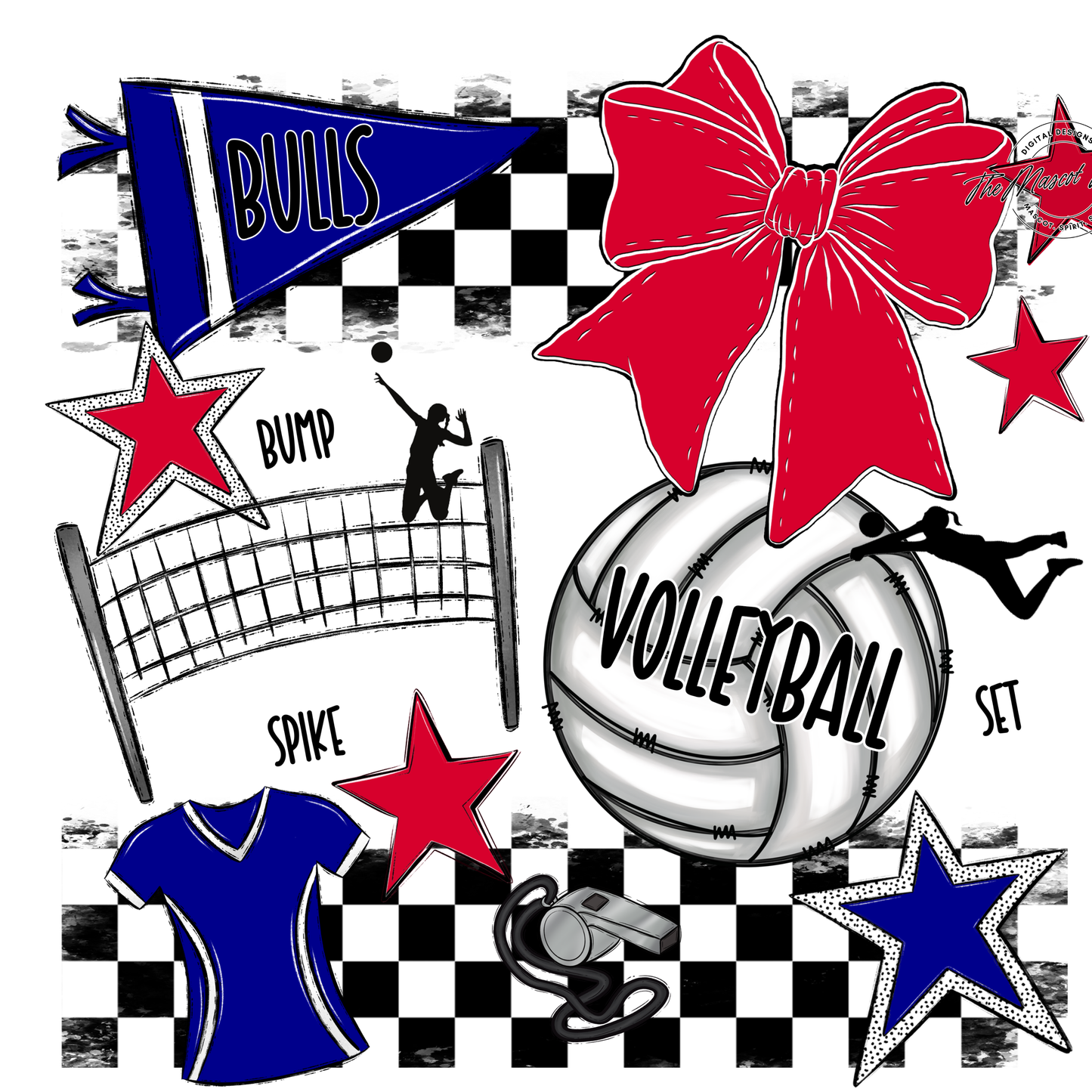 Bulls Checkers Volleyball Spirit Design-Blue-Red