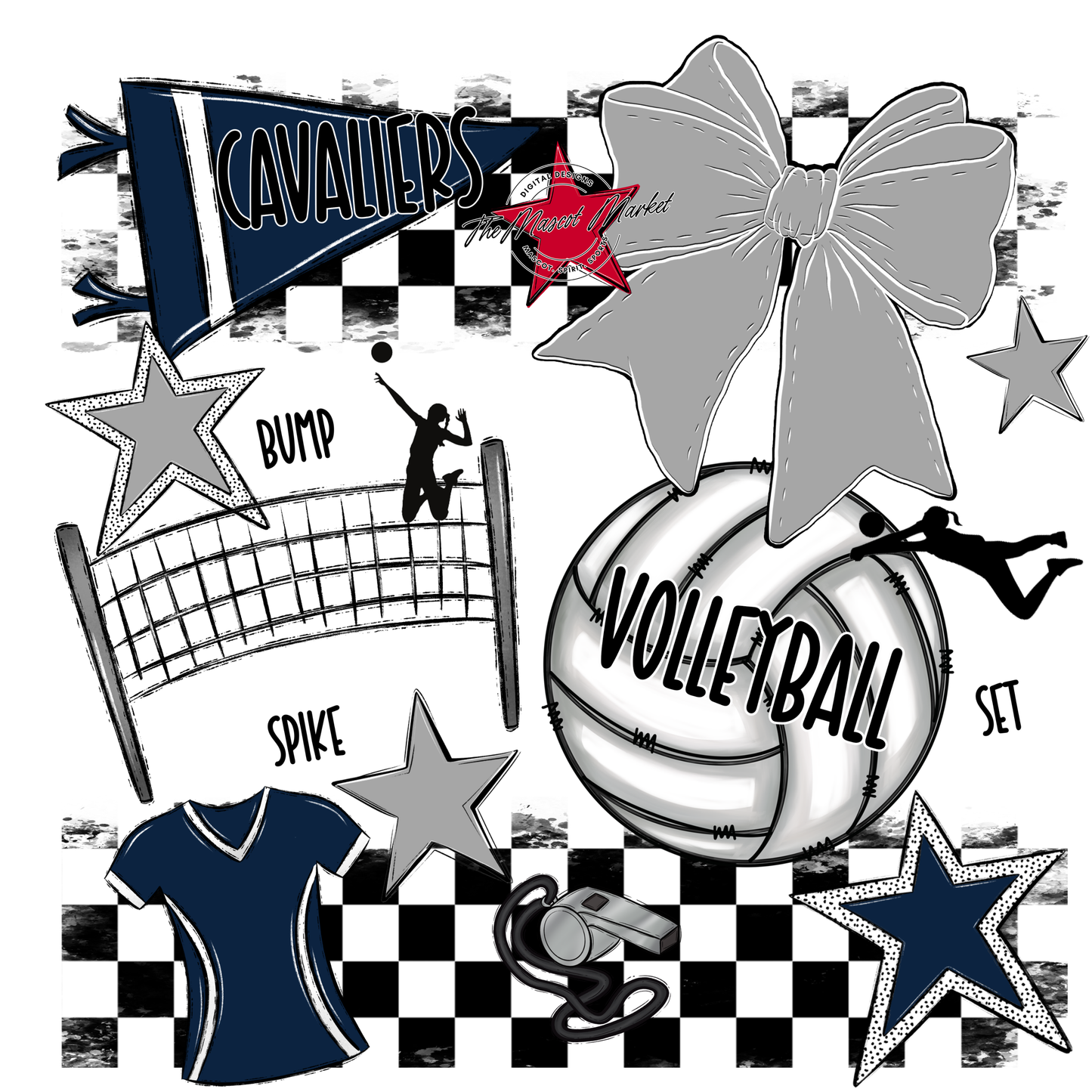 Cavaliers Checkers Volleyball Spirit Design-Navy-Grey
