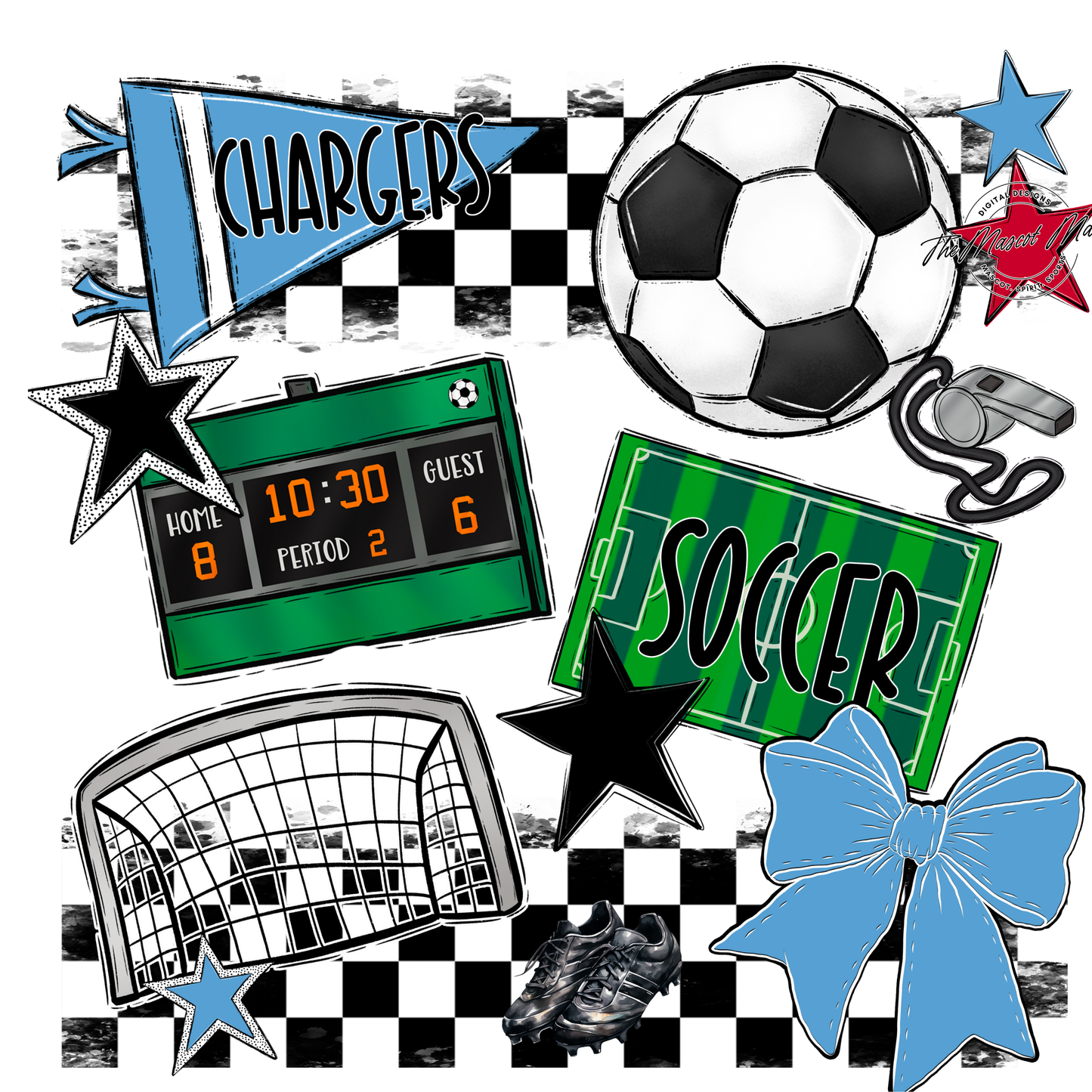 Chargers Checkers Soccer Spirit Design-Carolina Blue