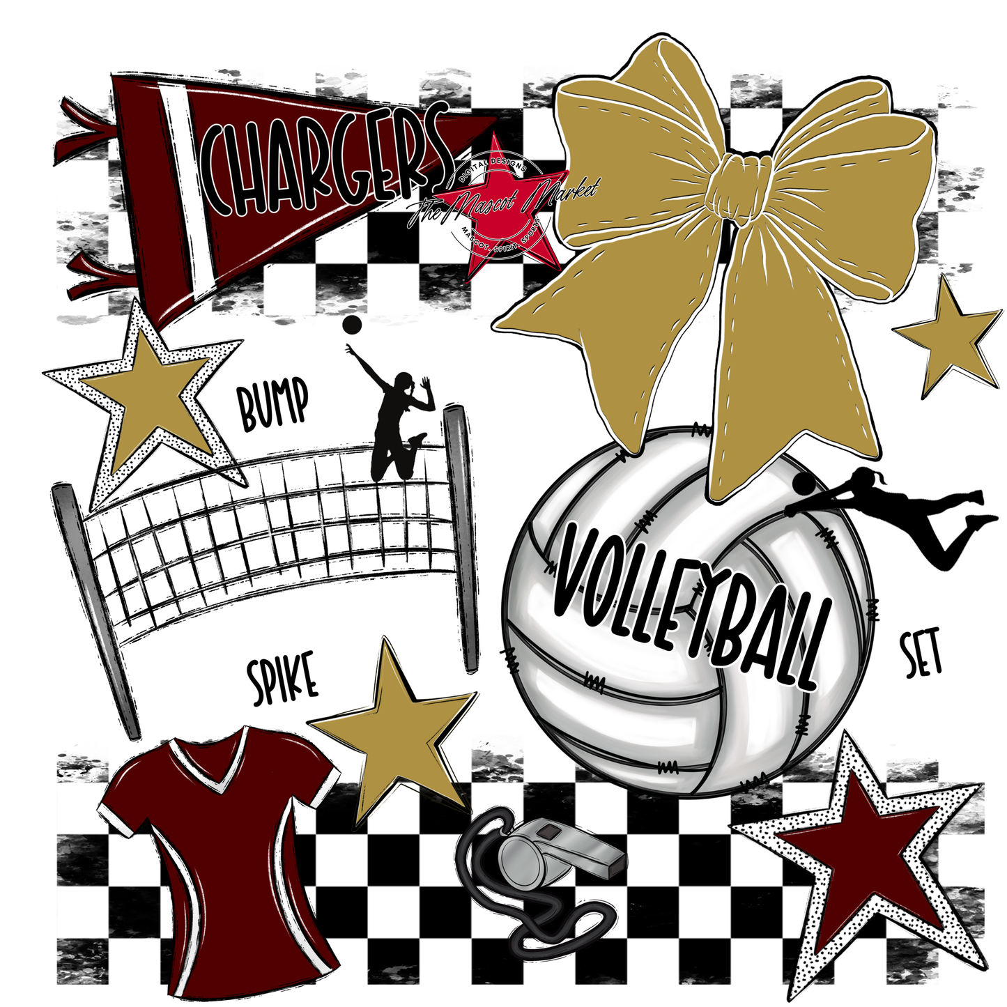 Chargers Checkers Volleyball Spirit Design-Maroon-Gold
