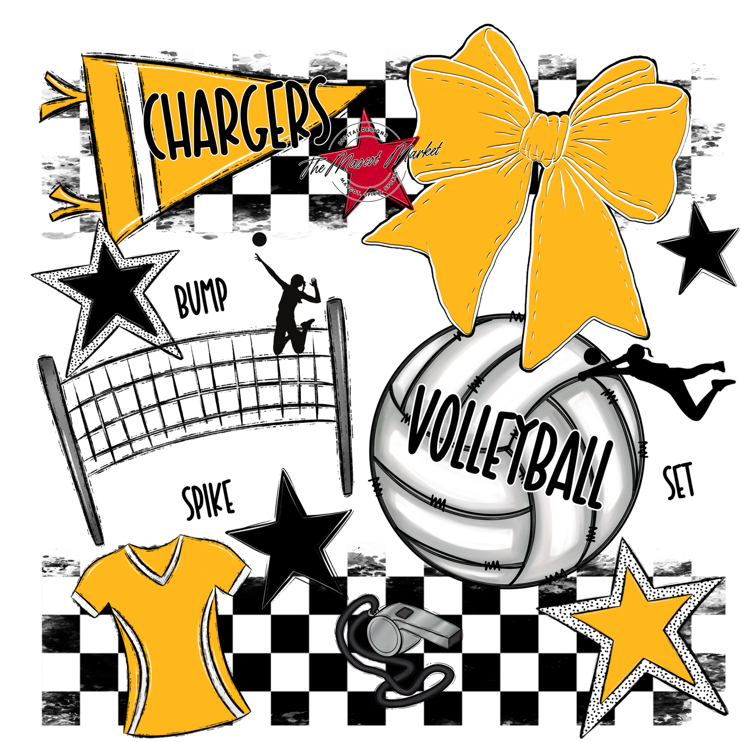 Chargers Checkers Volleyball Spirit Design-Yellow
