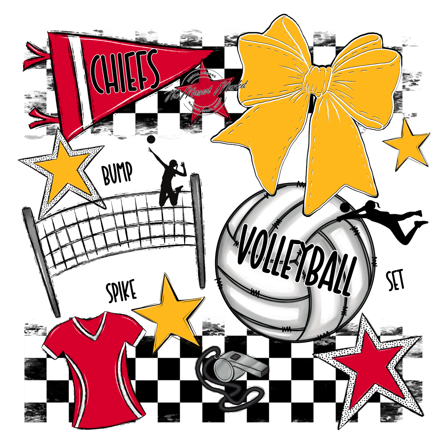 Chiefs Checkers Volleyball Spirit Design-Red-Yellow