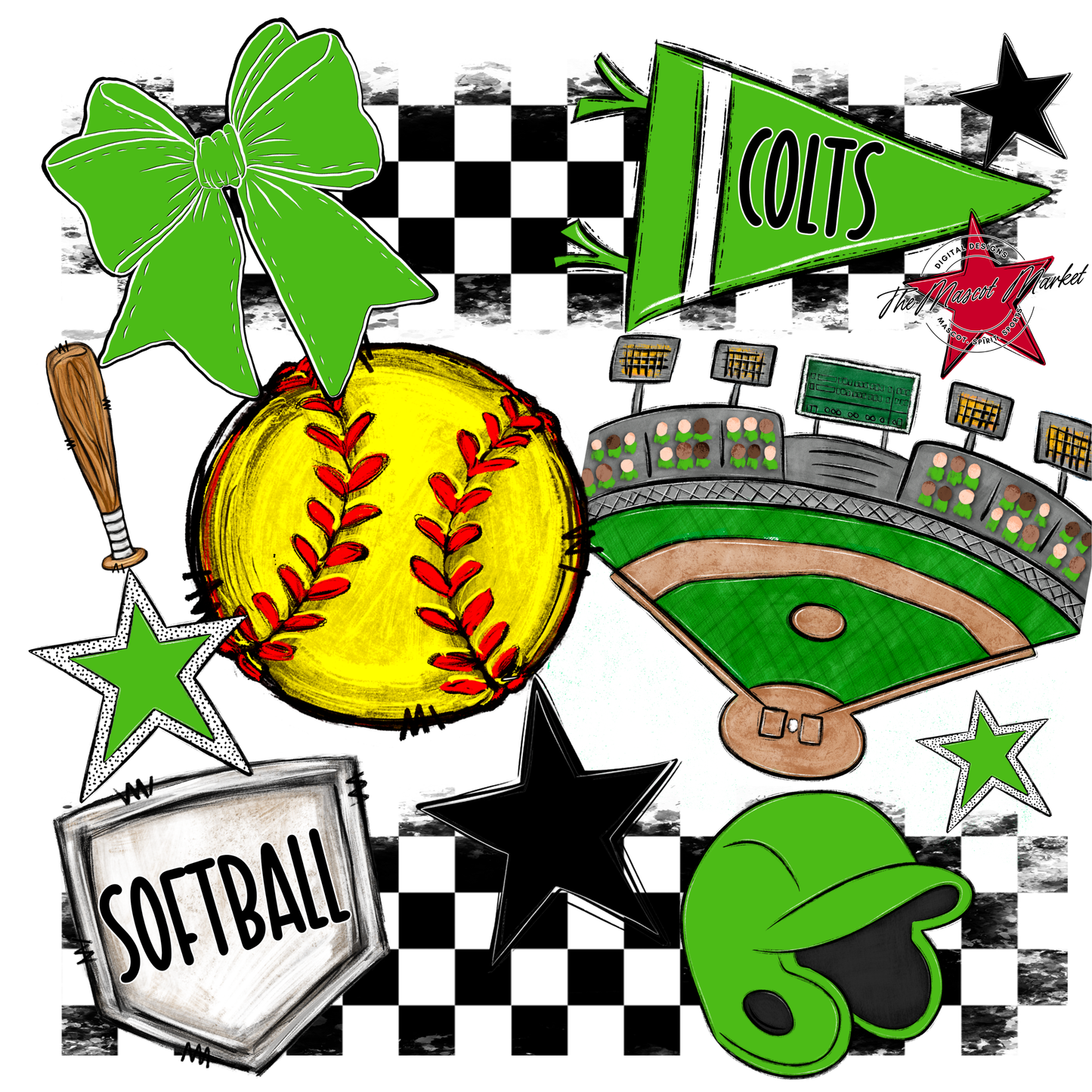 Colts Checkers Softball Spirit Design-Bright Green