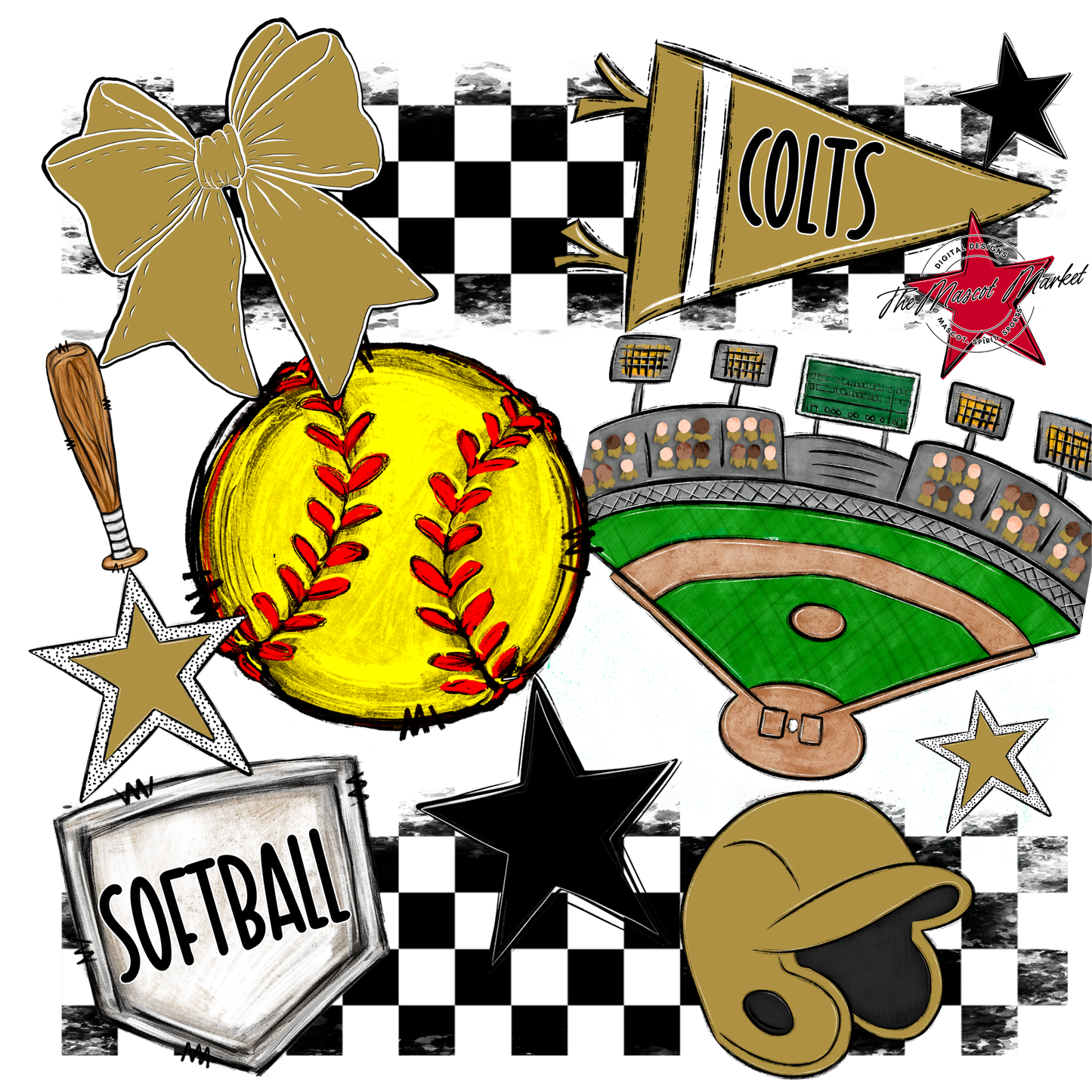 Colts Checkers Softball Spirit Design-Gold