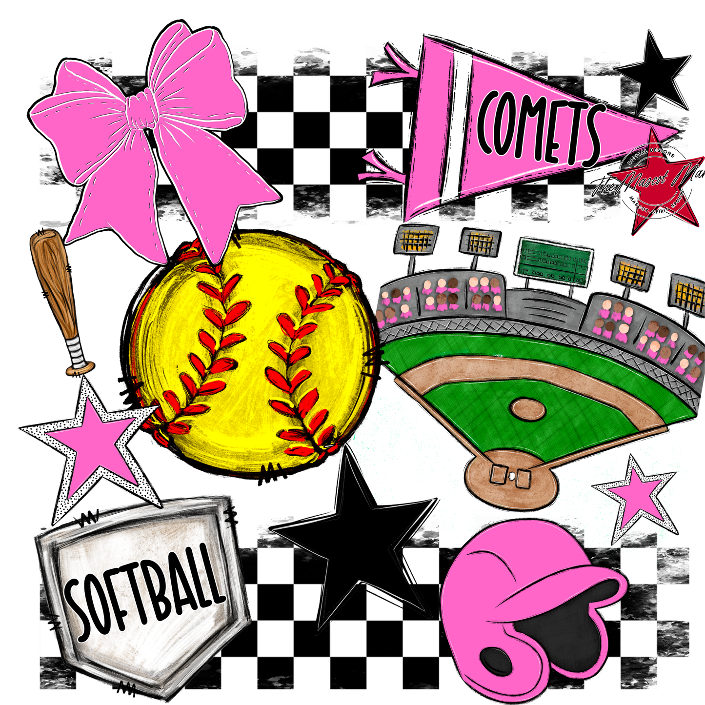 Comets Checkers Softball Spirit Design-Baby Pink