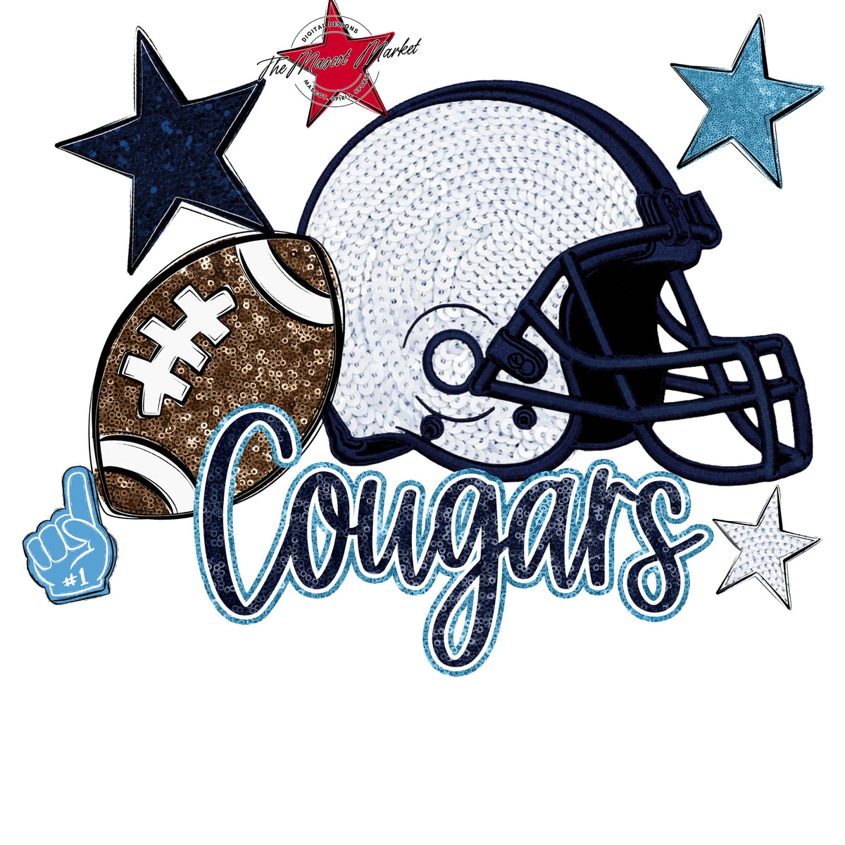 Cougars Football Embroidered Sequins Design-Navy & Carolina Blue