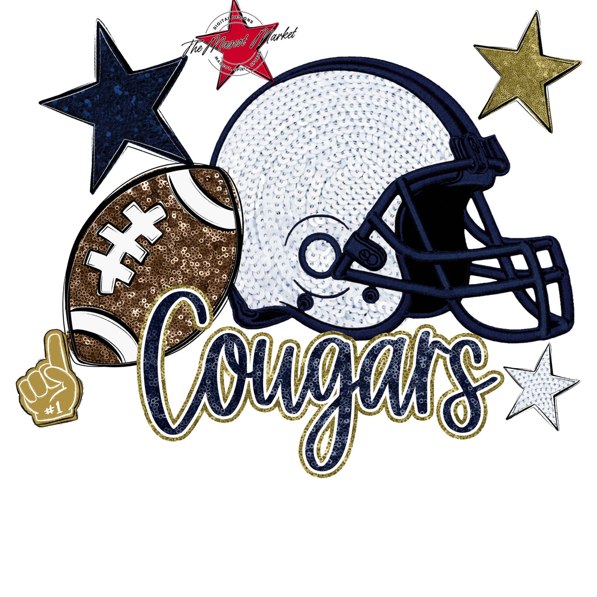 Cougars Football Embroidered Sequins Design-Navy & Gold
