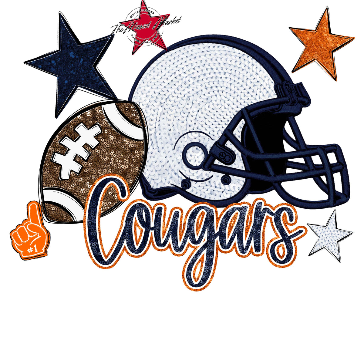 Cougars Football Embroidered Sequins Design-Navy & Orange