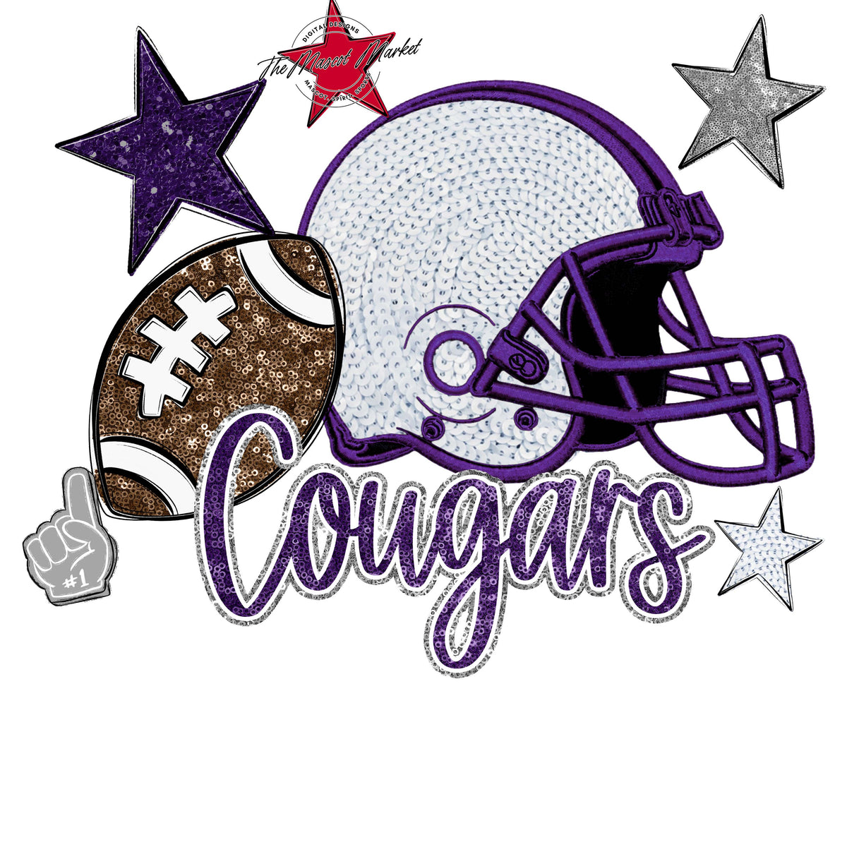 Cougars Football Embroidered Sequins Design-Purple & Grey