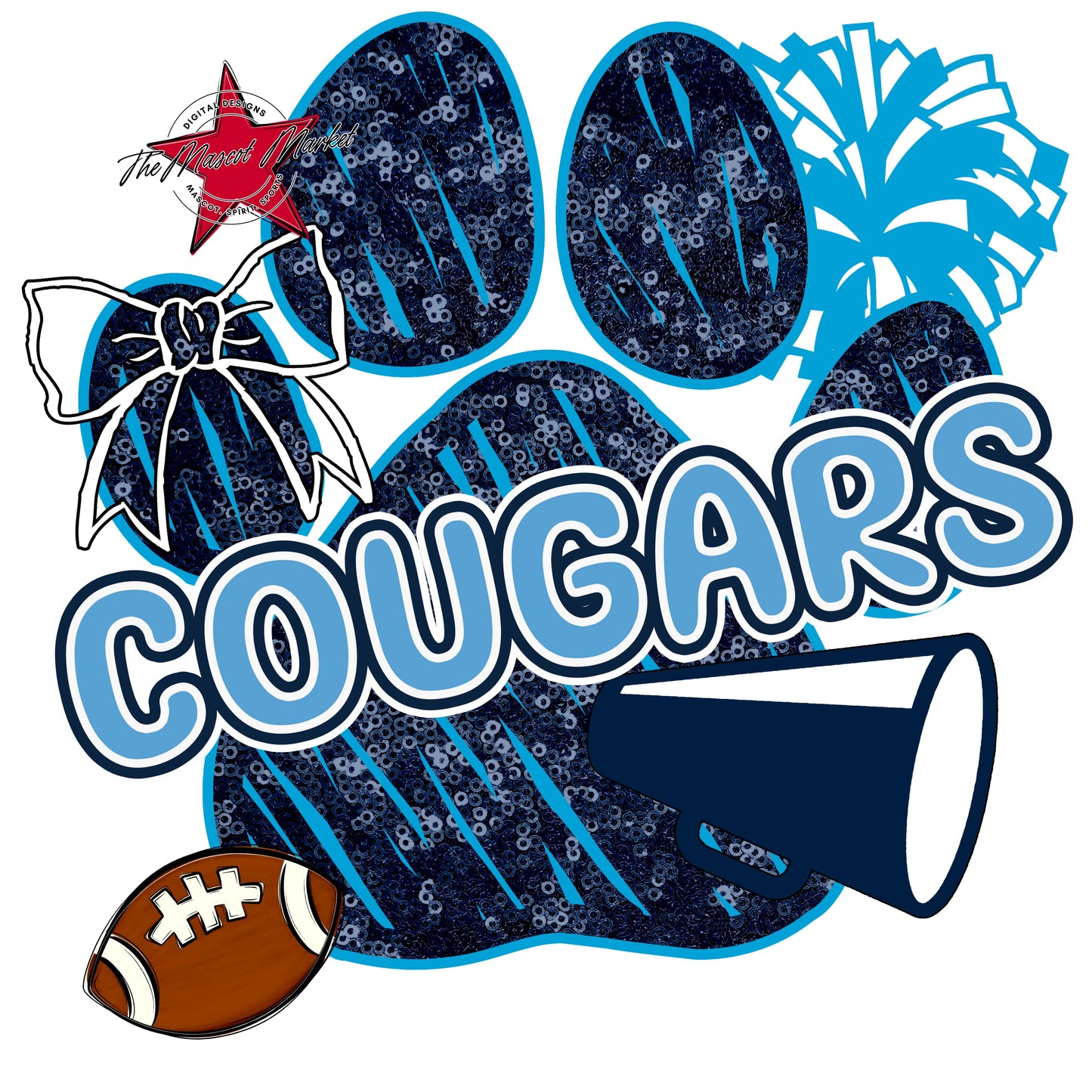 Cougars Sequins Paw Print Design-Navy & Carolina Blue