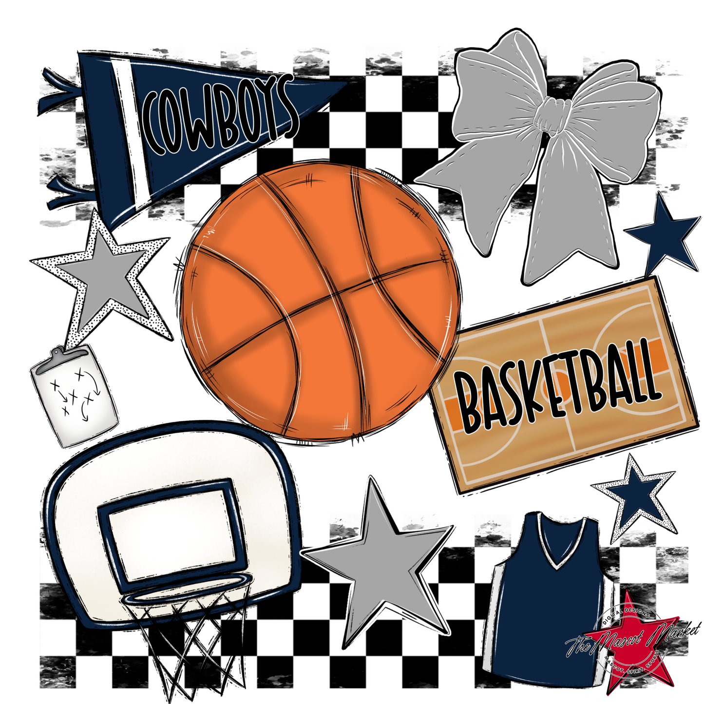 Cowboys Checkers Basketball Spirit Design-Navy-Grey