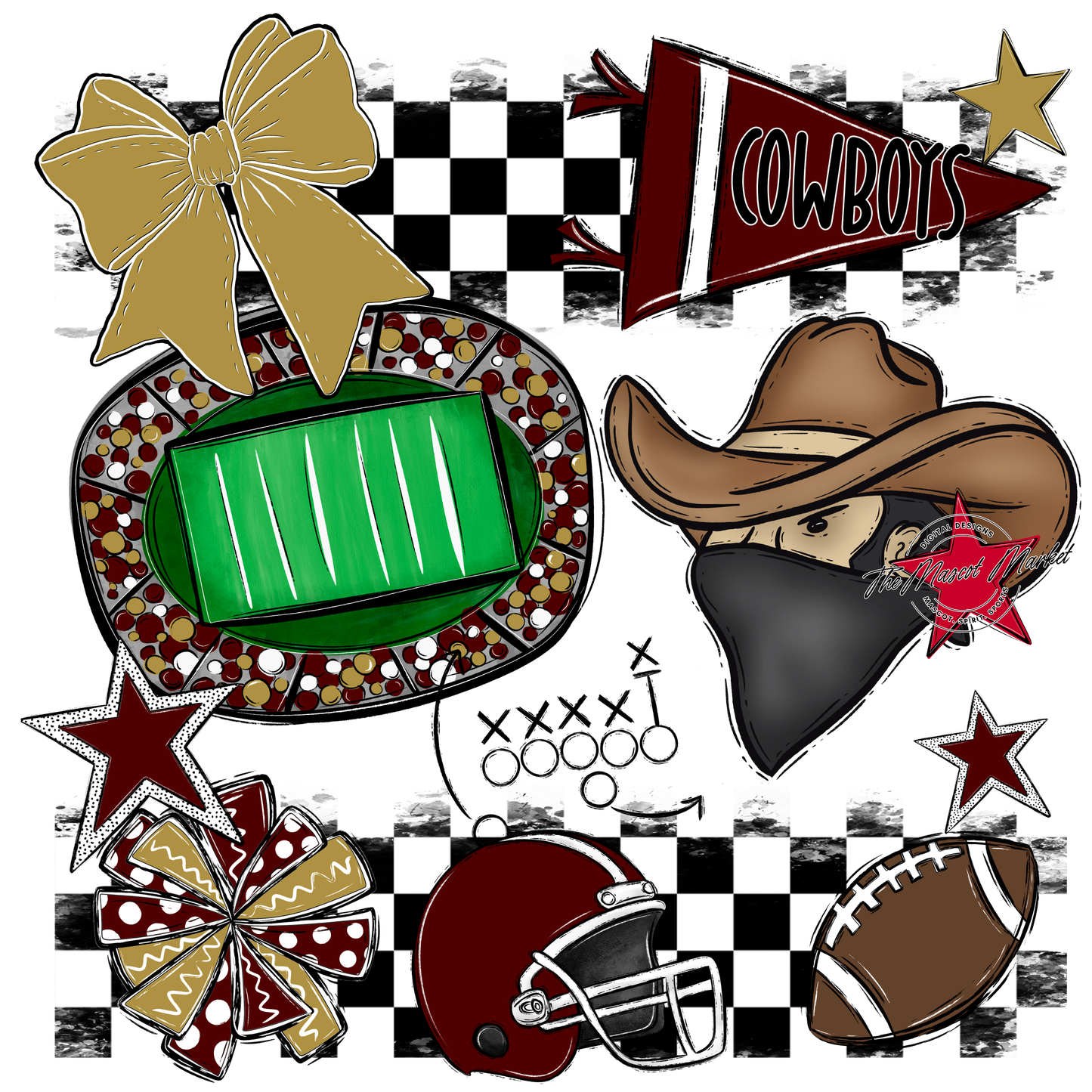 Cowboys Checkers Mascot Spirit Design-Maroon-Gold