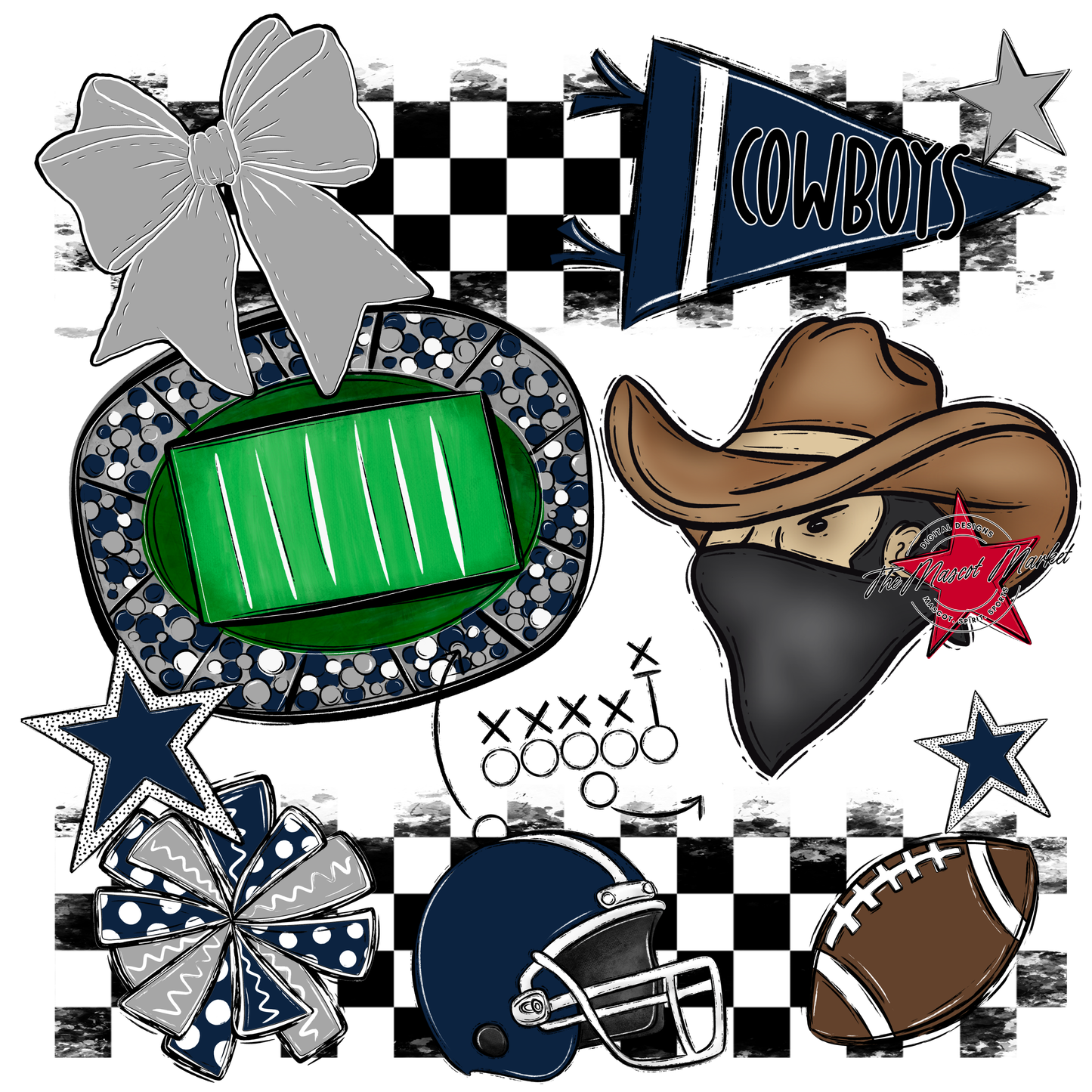 Cowboys Checkers Mascot Spirit Design-Navy-Grey