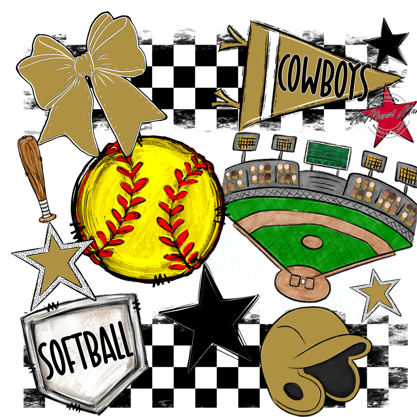 Cowboys Checkers Softball Spirit Design-Gold