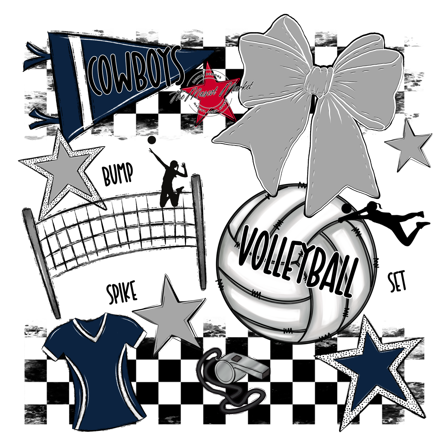 Cowboys Checkers Volleyball Spirit Design-Navy-Grey