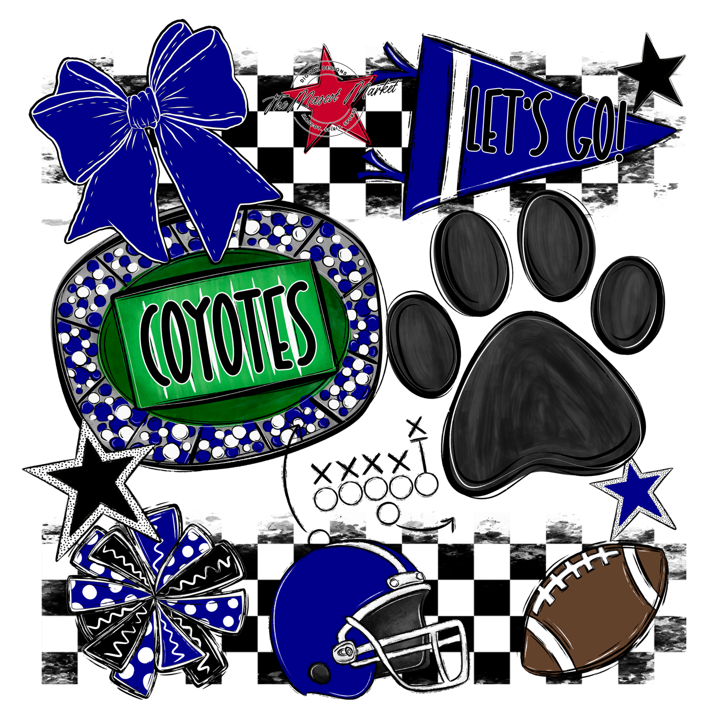 Coyotes Checkers Mascot Spirit Design w Paw-Blue