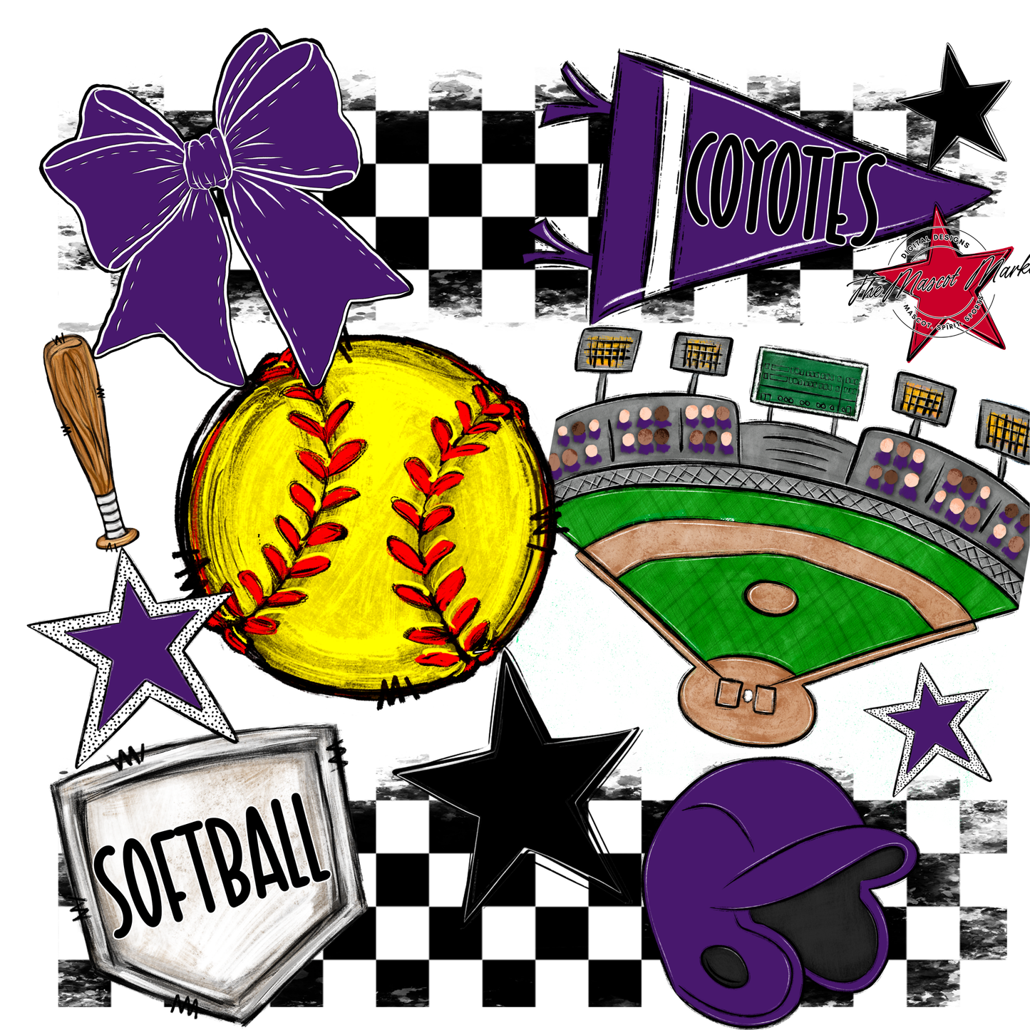 Coyotes Checkers Softball Spirit Design-Purple