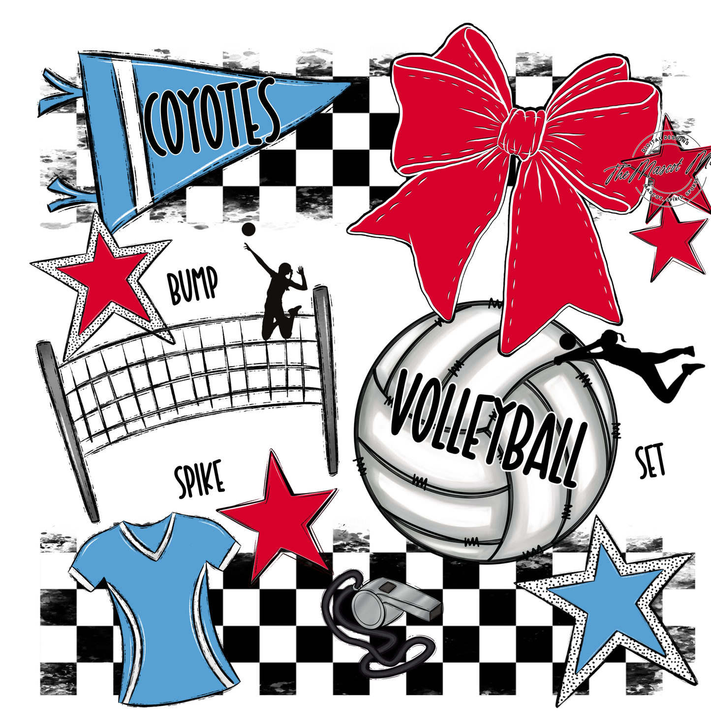 Coyotes Checkers Volleyball Spirit Design-Carolina Blue-Red