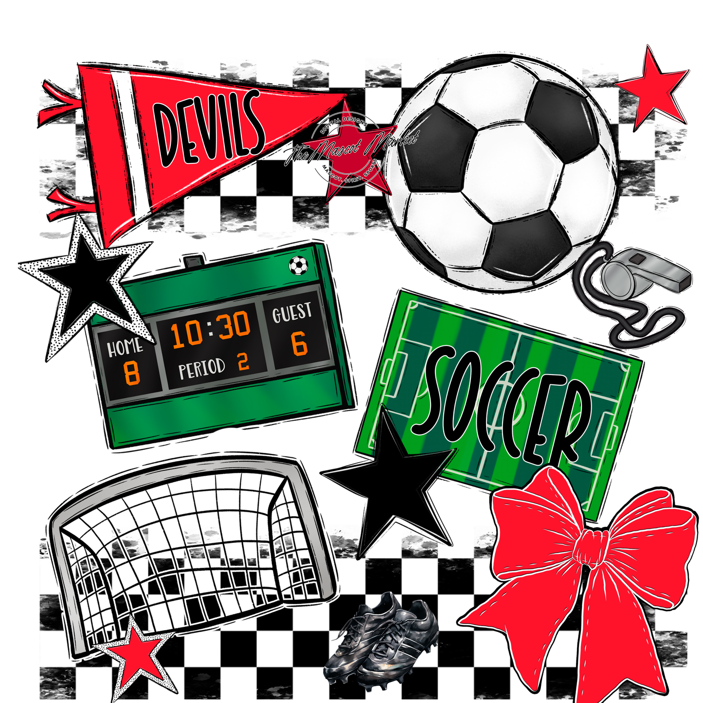 Devils Checkers Soccer Spirit Design-Bright Red