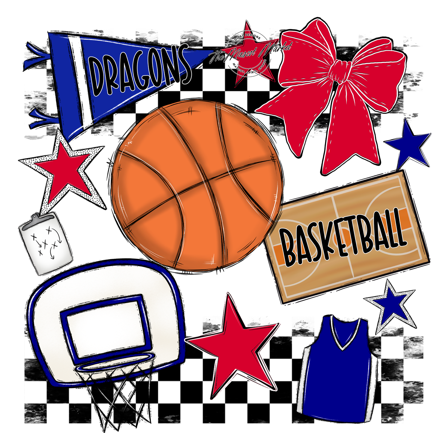 Dragons Checkers Basketball Spirit Design-Blue-Red